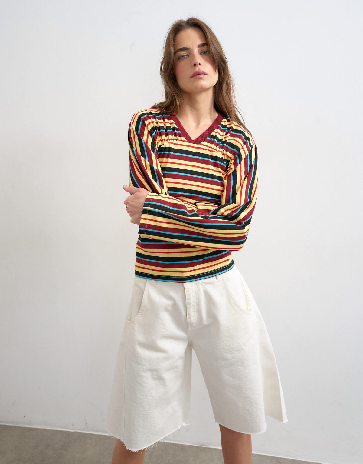 Topshop stripe gather yoke seam long sleeve top in yellow