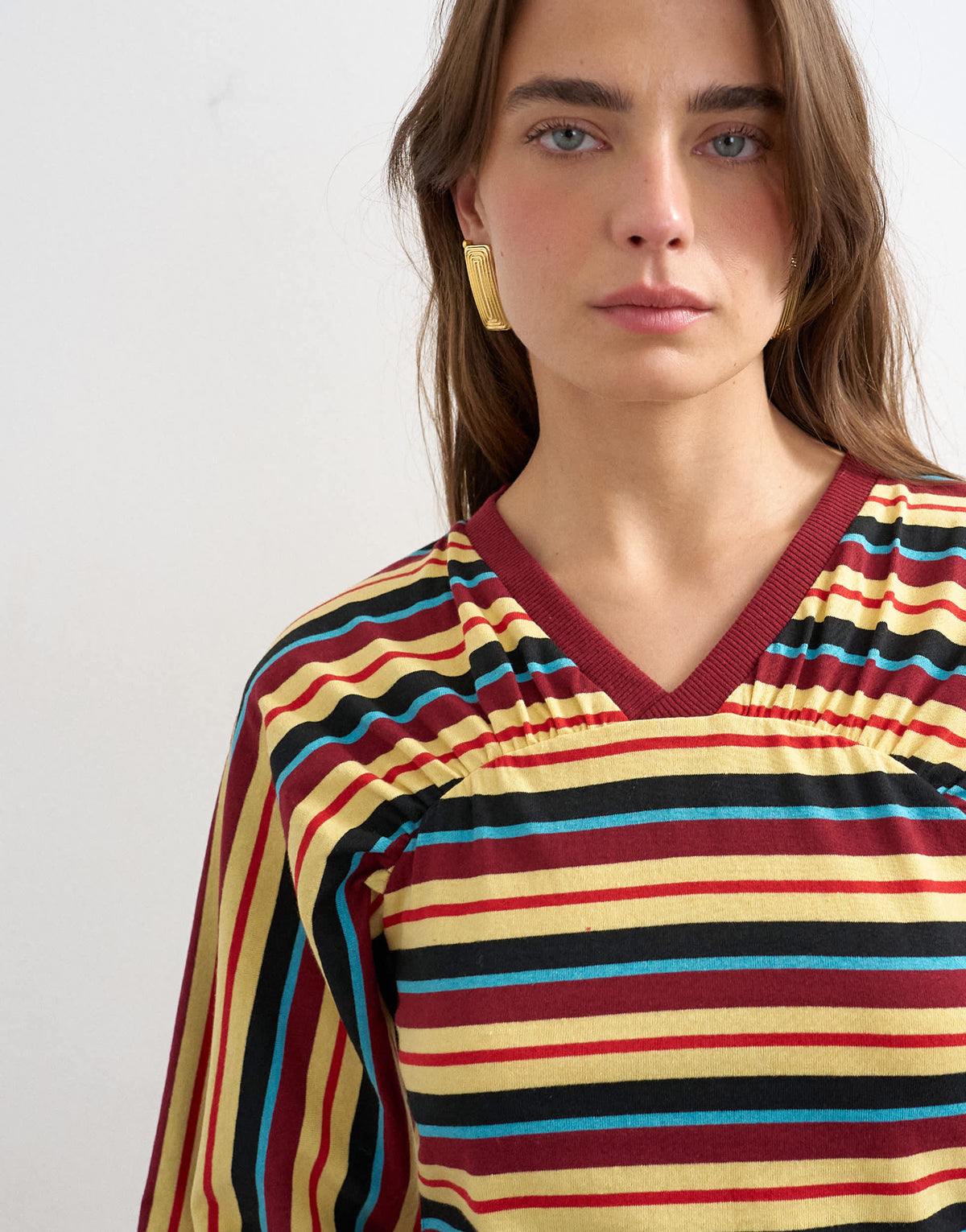 Topshop stripe gather yoke seam long sleeve top in yellow