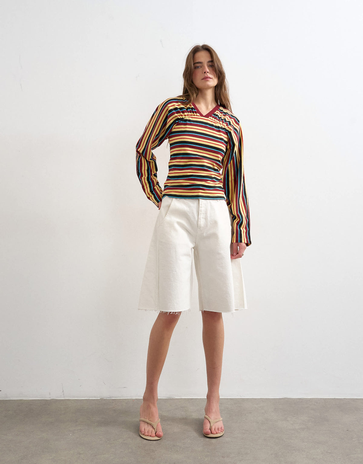 Topshop stripe gather yoke seam long sleeve top in yellow