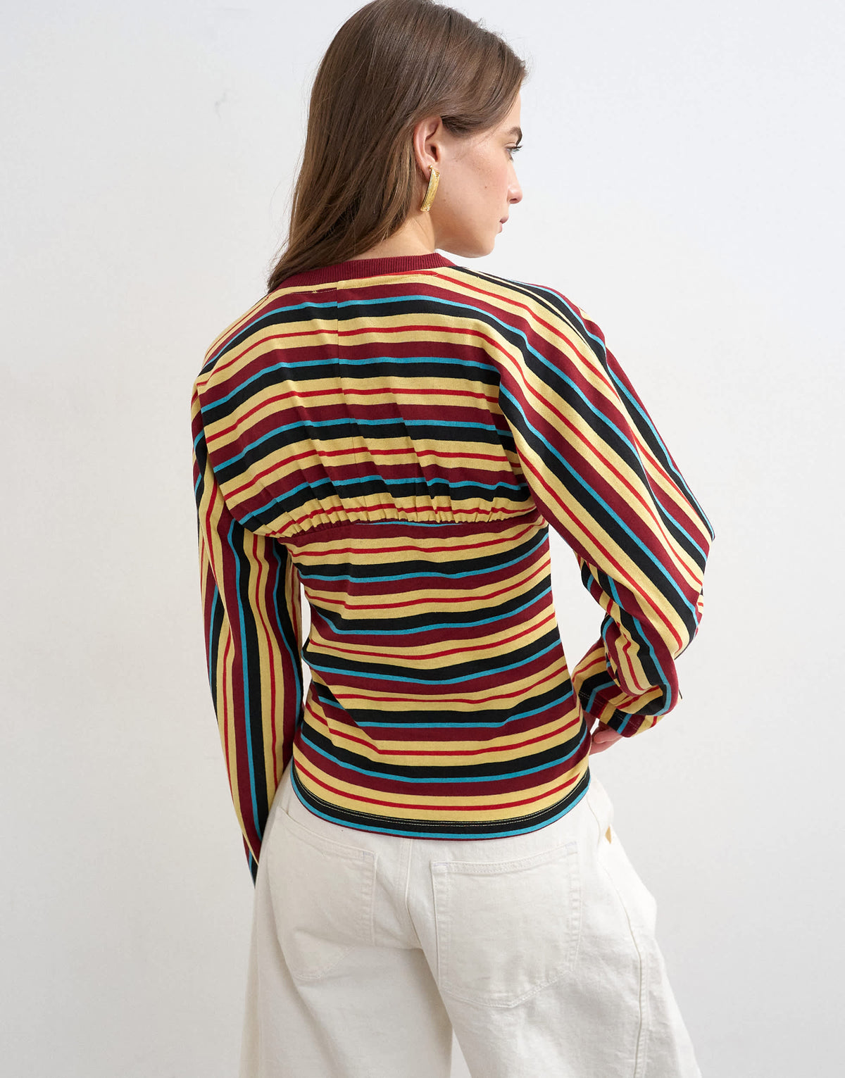 Topshop stripe gather yoke seam long sleeve top in yellow