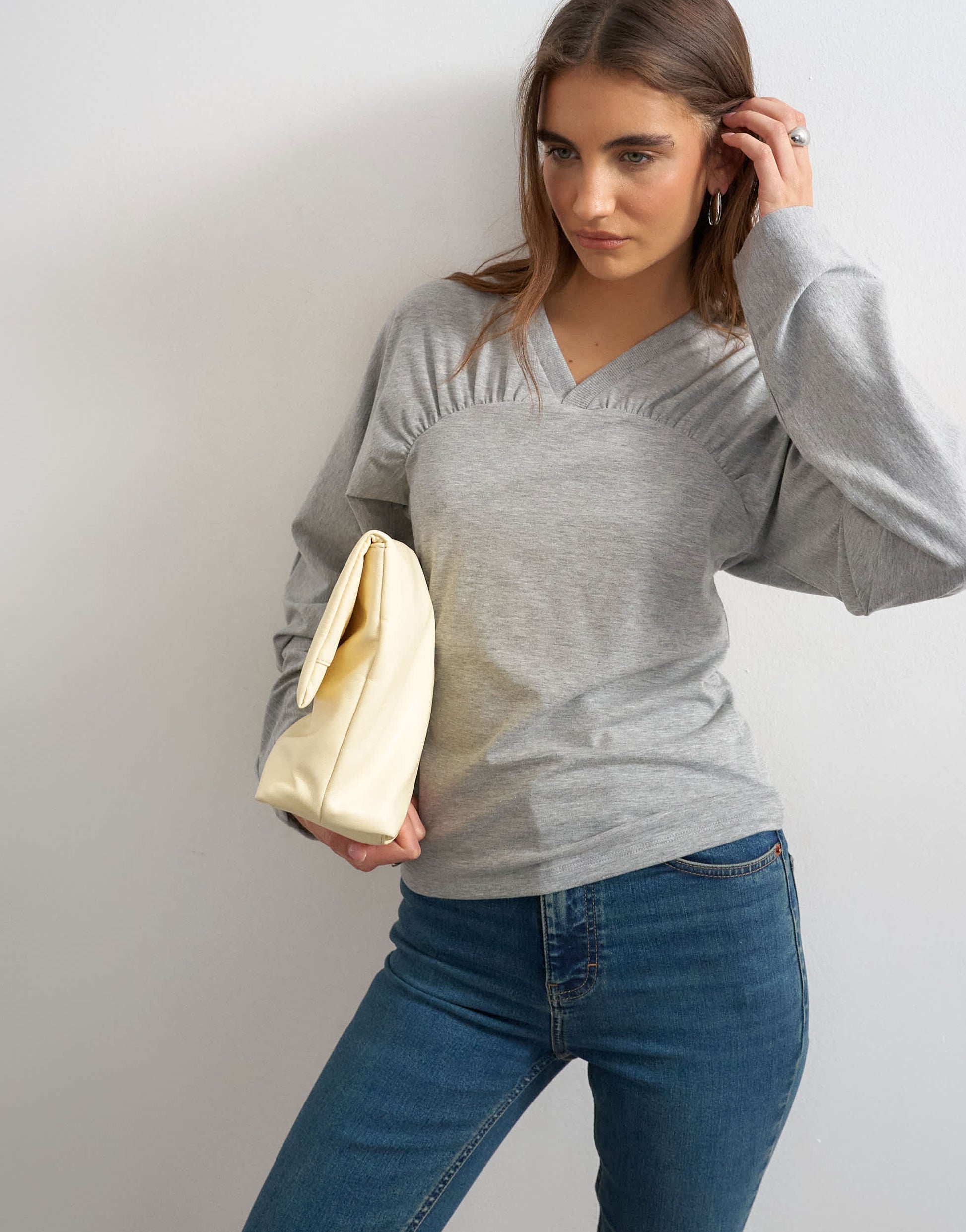 Topshop gather yoke seam long sleeve top in grey marl
