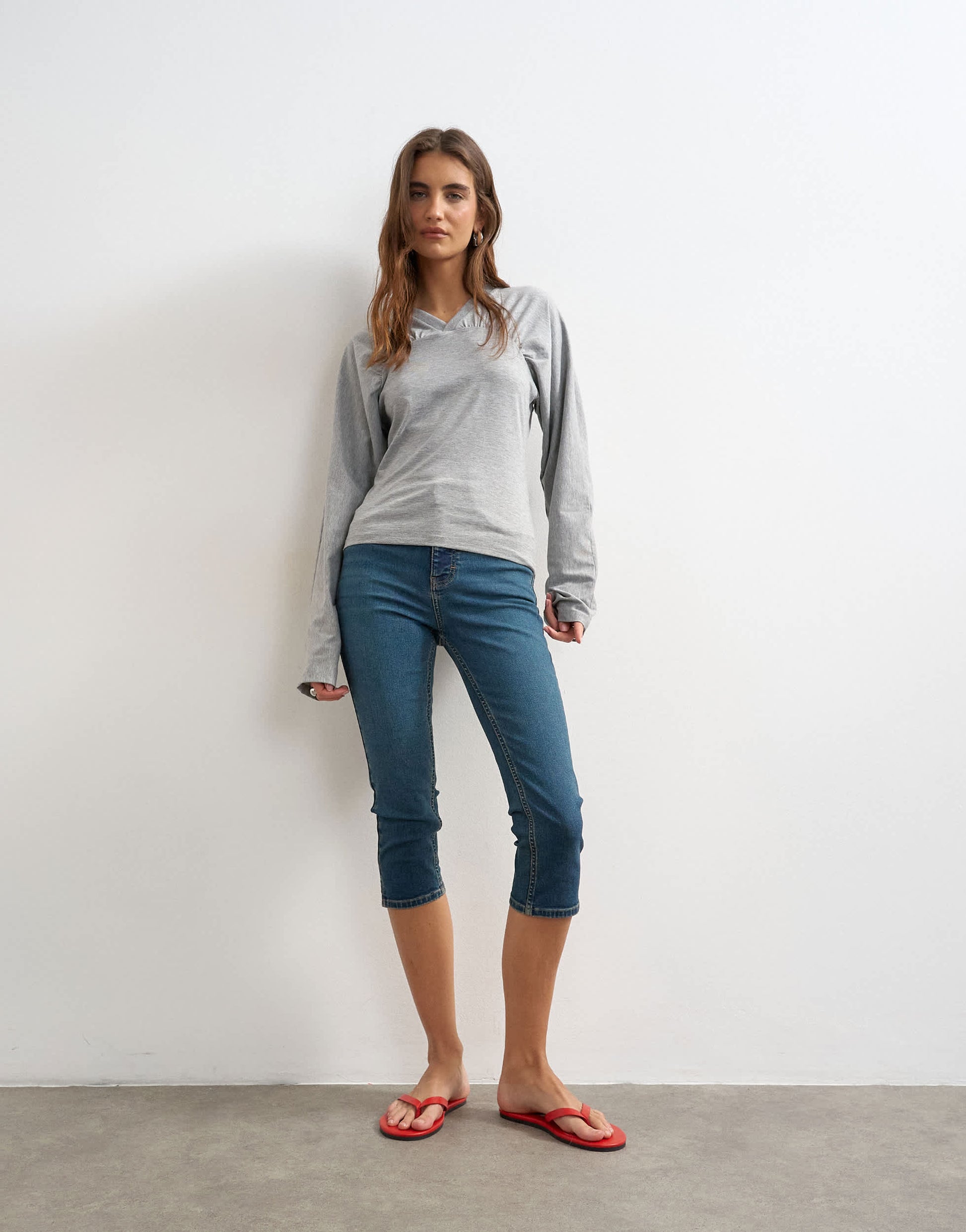 Topshop gather yoke seam long sleeve top in grey marl