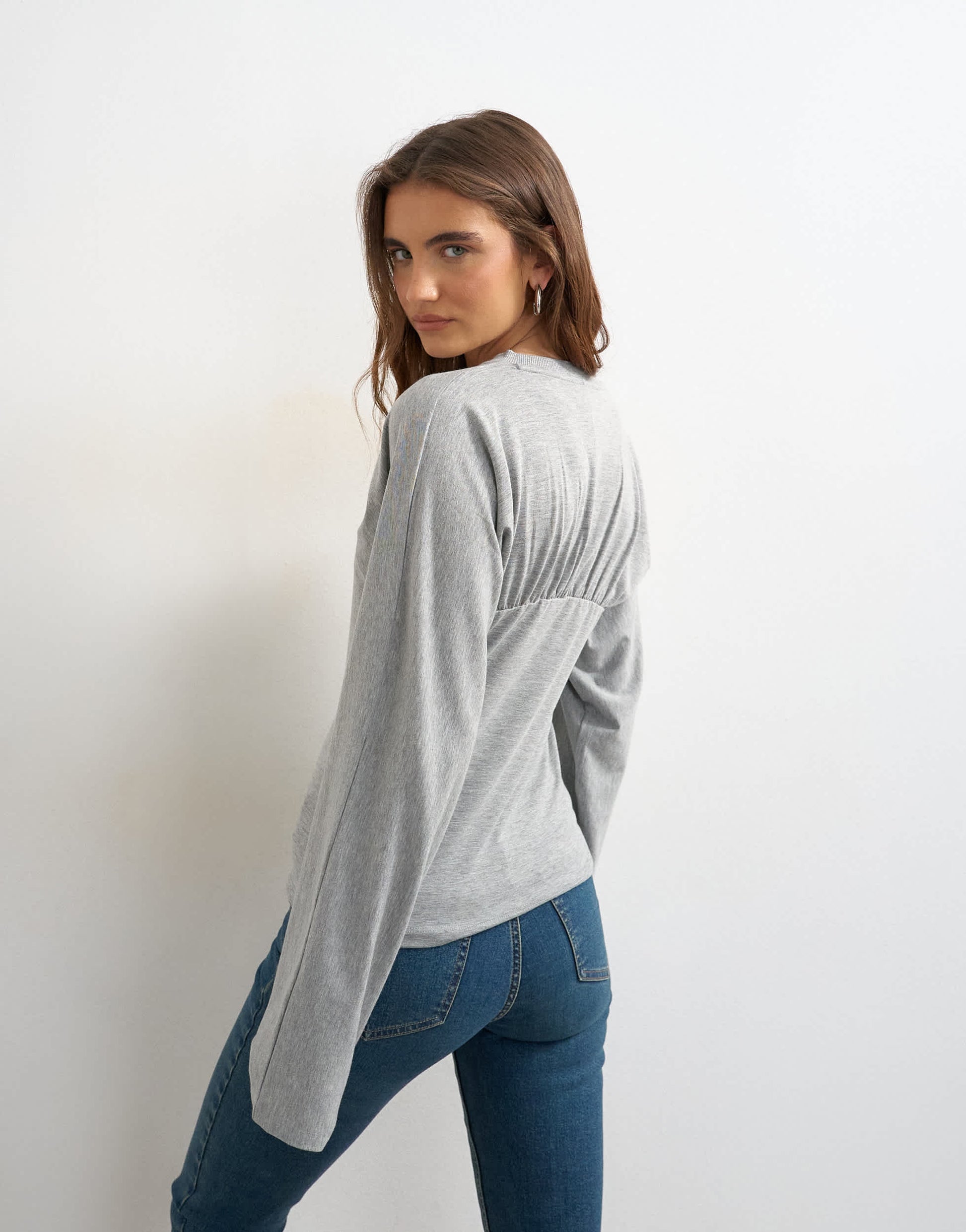 Topshop gather yoke seam long sleeve top in grey marl