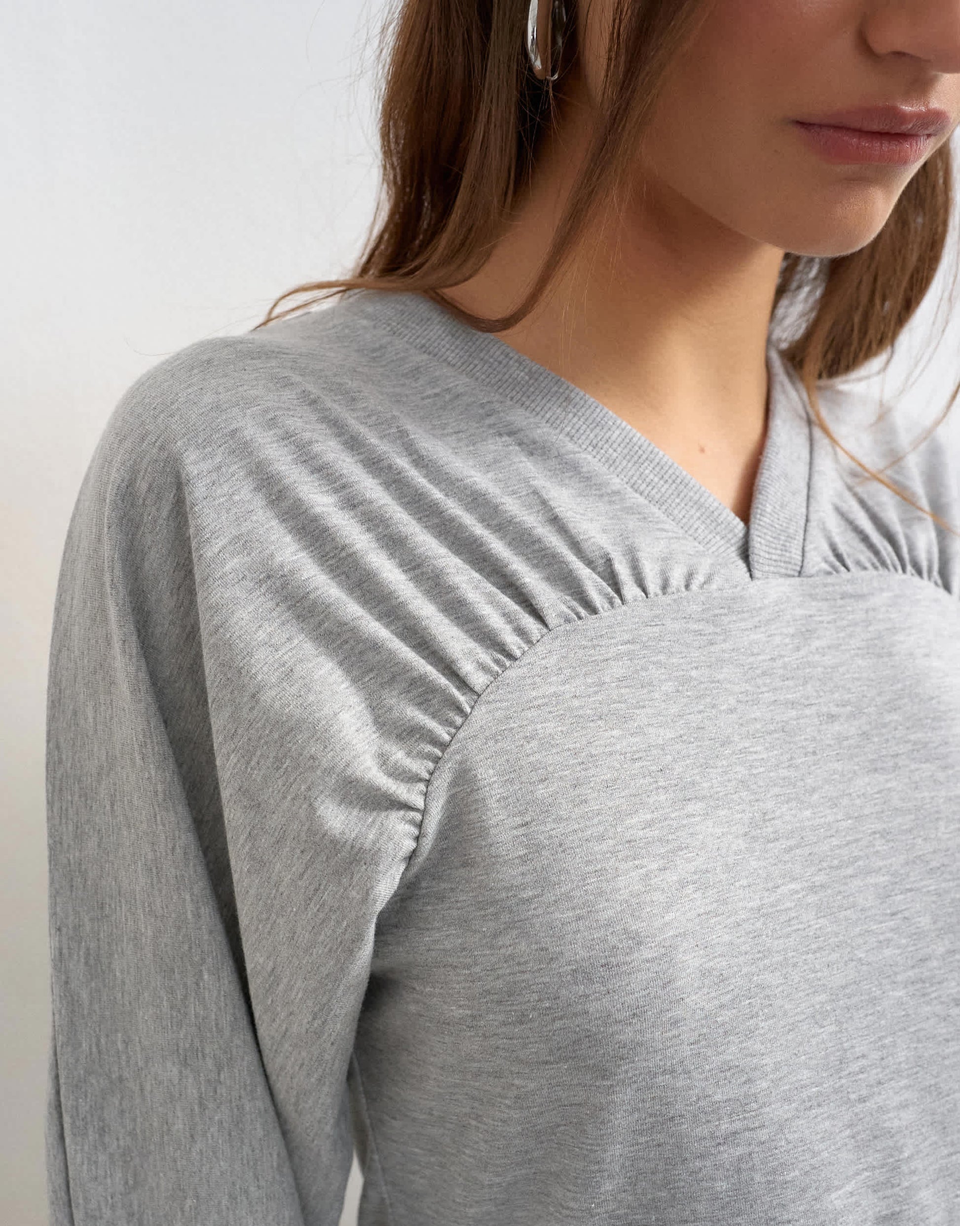 Topshop gather yoke seam long sleeve top in grey marl