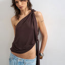 Topshop knot detail one shoulder top in dark chocolate