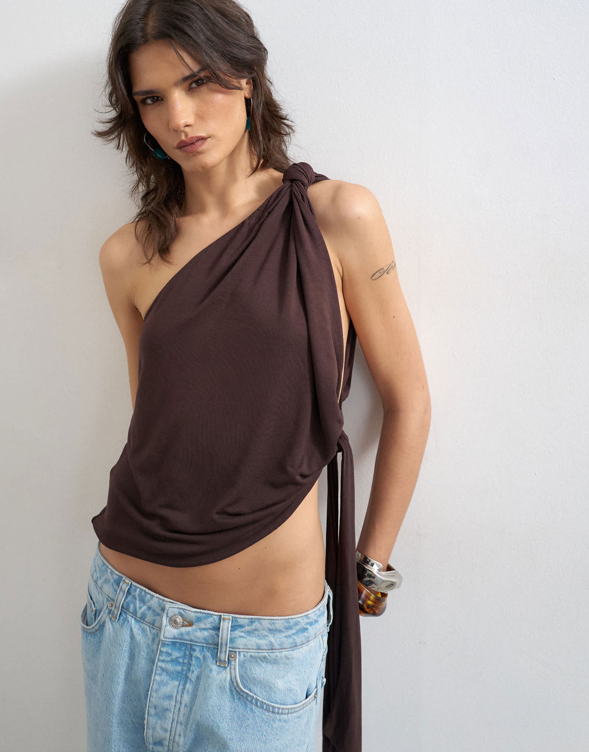 Topshop knot detail one shoulder top in dark chocolate