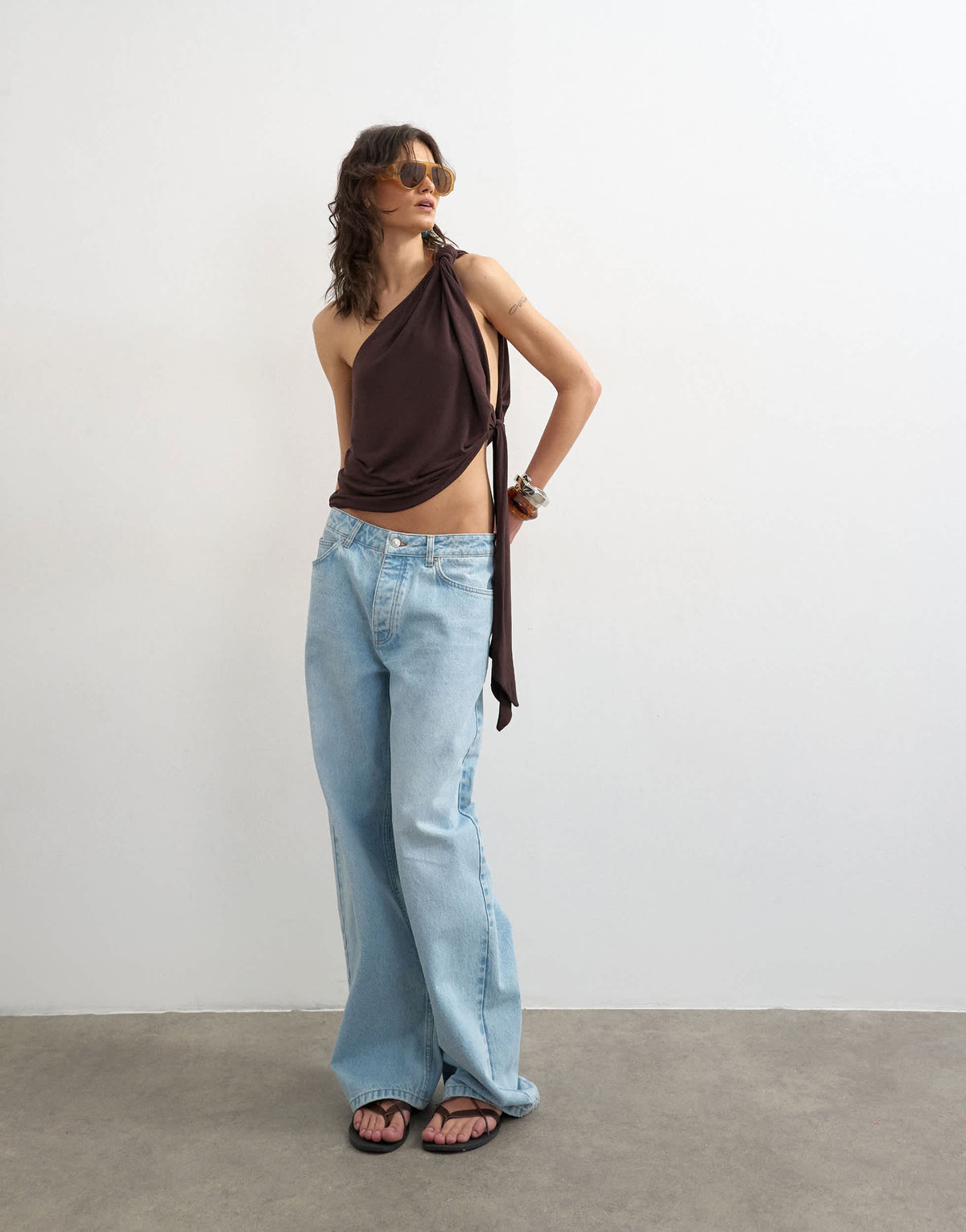 Topshop knot detail one shoulder top in dark chocolate