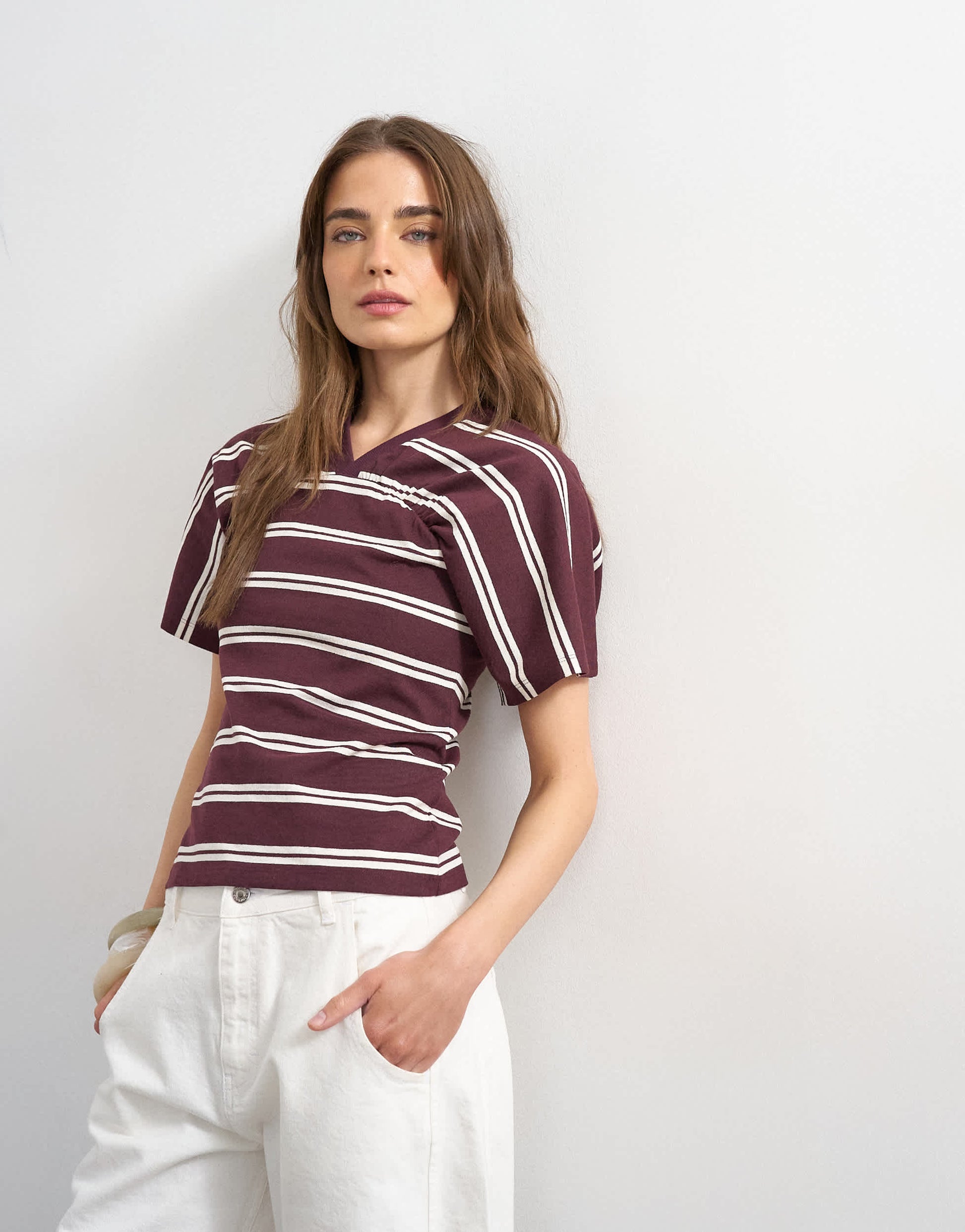 Topshop gather yoke seam short sleeve top burgundy stripe  