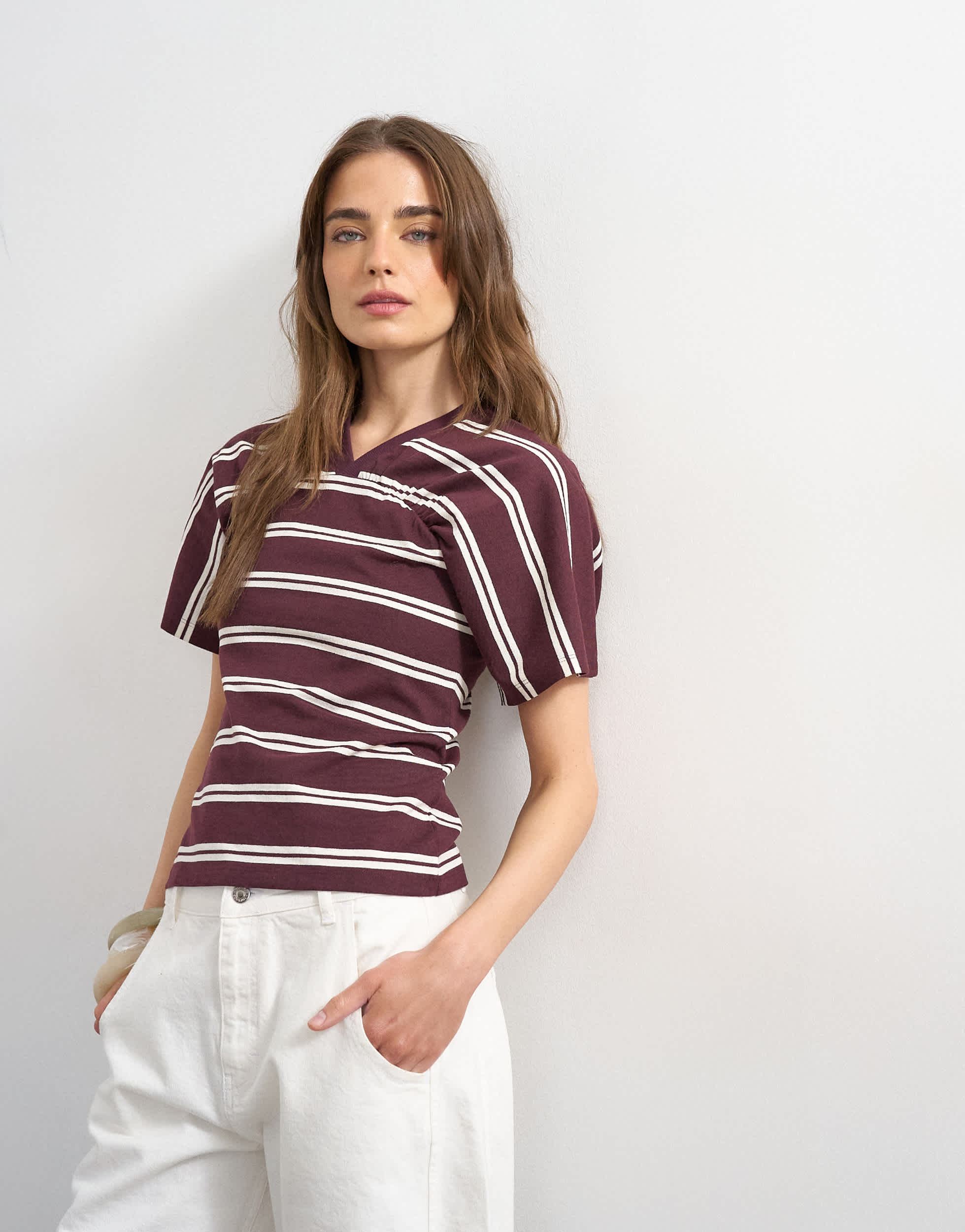 Topshop gather yoke seam short sleeve top burgundy stripe  