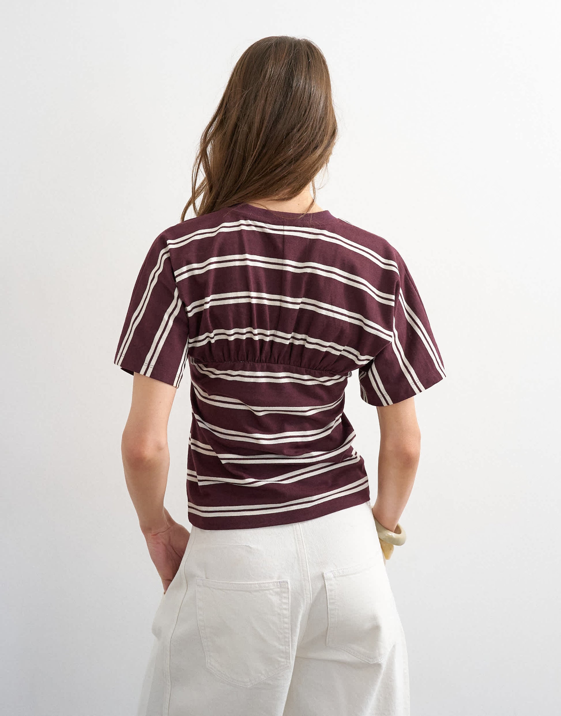 Topshop gather yoke seam short sleeve top burgundy stripe  