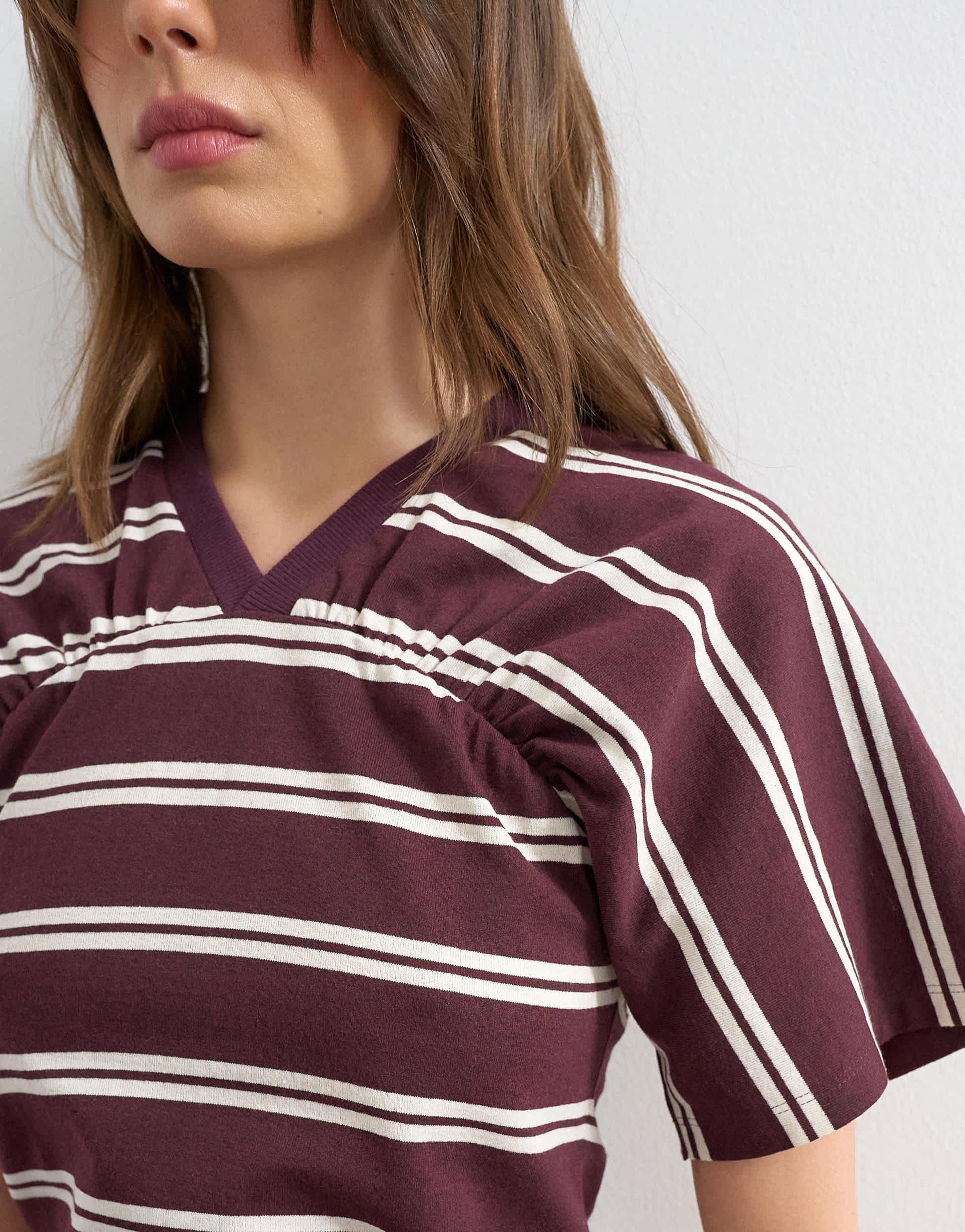Topshop gather yoke seam short sleeve top burgundy stripe  