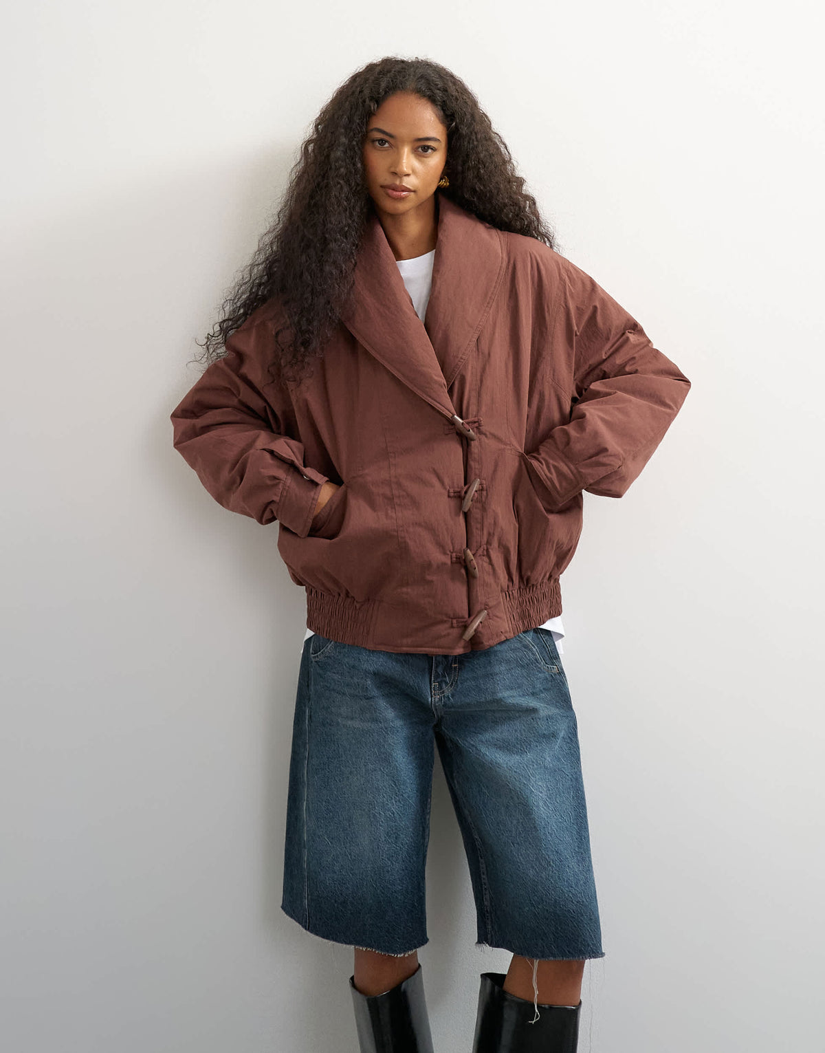 Topshop shawl collar toggle detail hybrid puffer in brown