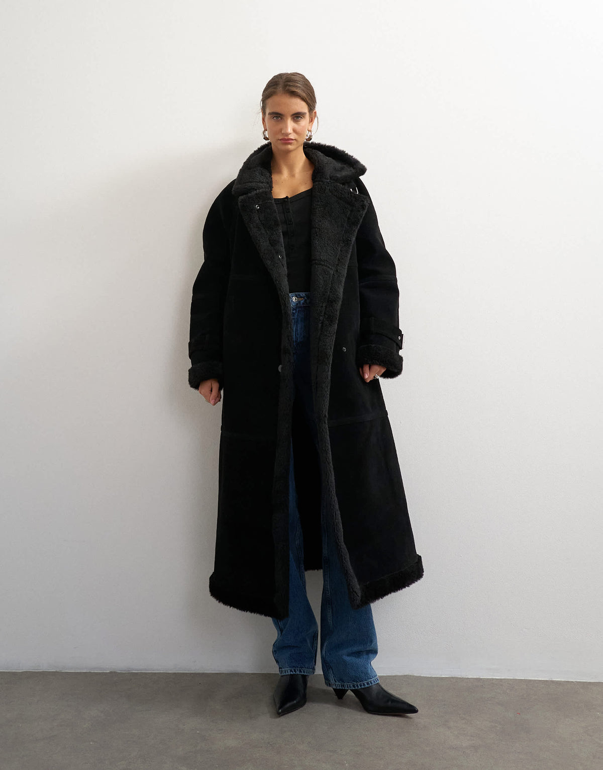 Topshop longline borg trim funnel neck coat in black