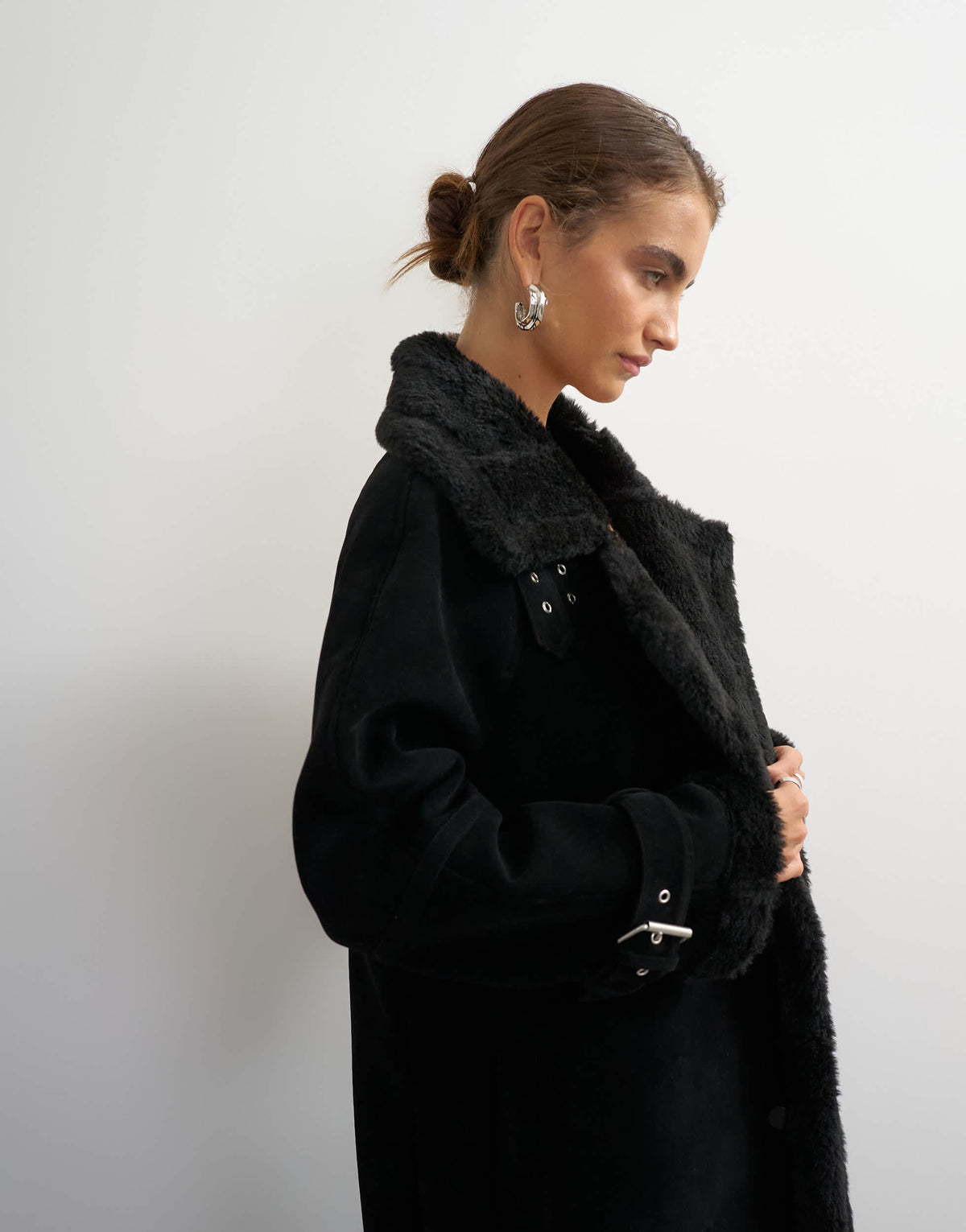 Topshop longline borg trim funnel neck coat in black