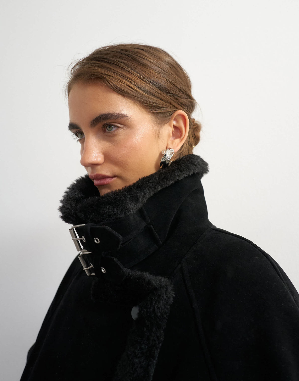 Topshop longline borg trim funnel neck coat in black