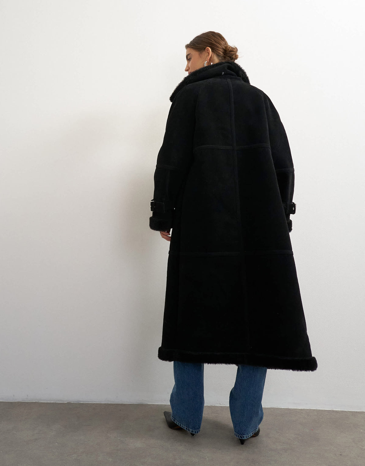 Topshop longline borg trim funnel neck coat in black