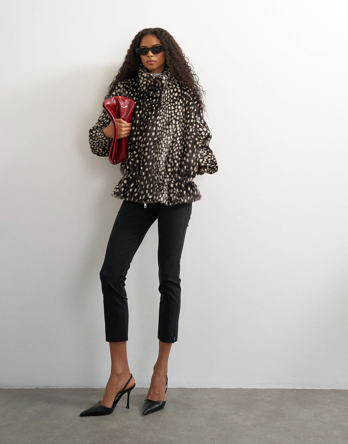 Topshop faux fur high neck cinch jacket in brown deer print