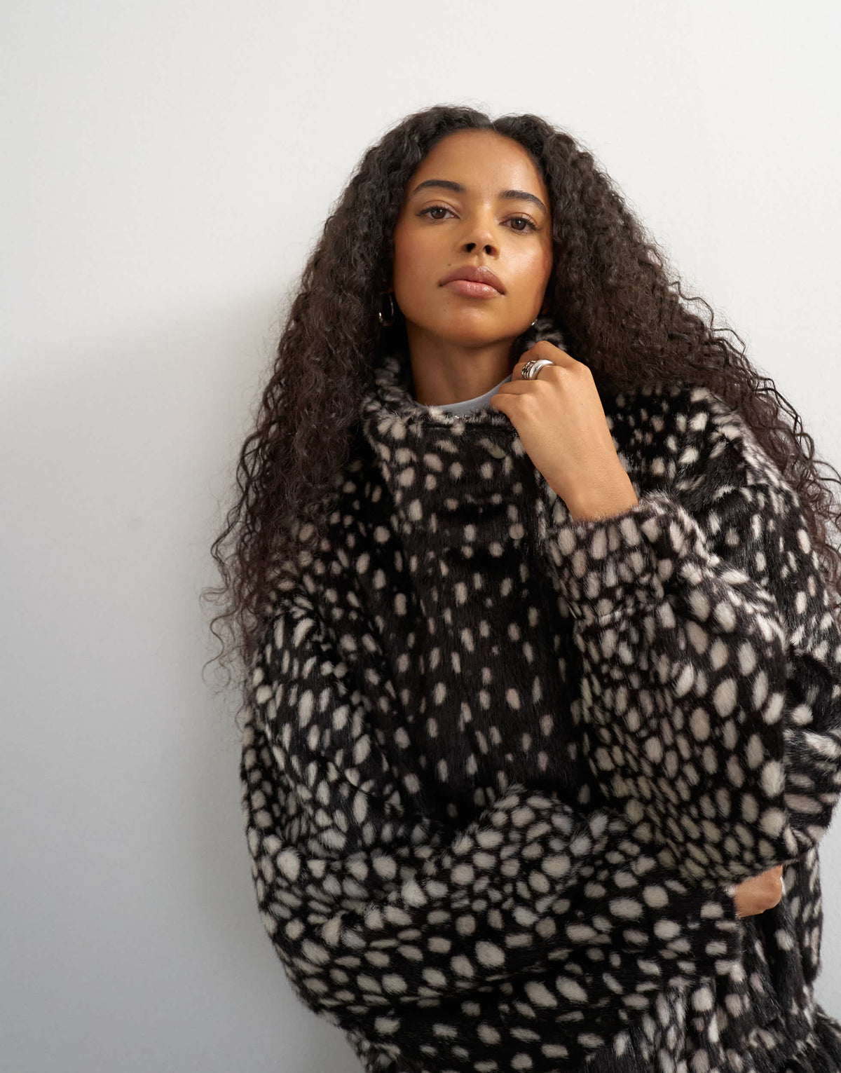 Topshop faux fur high neck cinch jacket in brown deer print