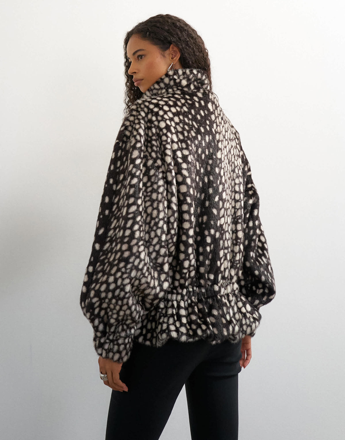 Topshop faux fur high neck cinch jacket in brown deer print