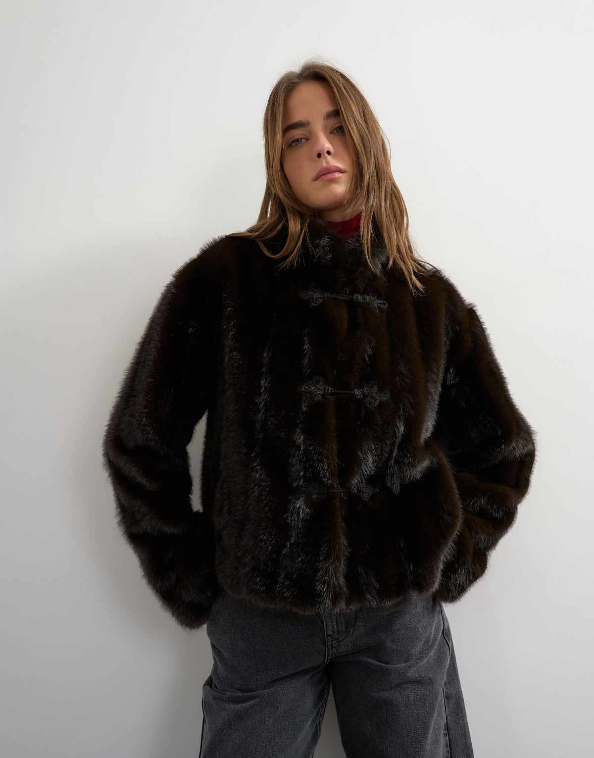 Topshop faux fur cropped jacket with knot fastening in dark brown