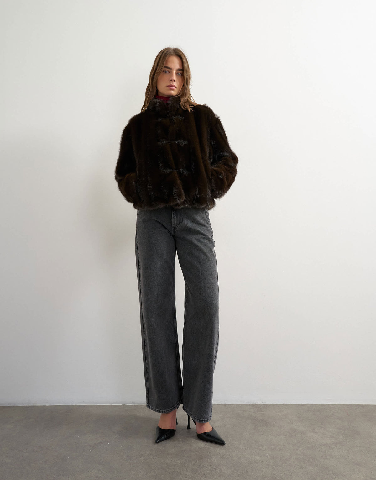 Topshop faux fur cropped jacket with knot fastening in dark brown