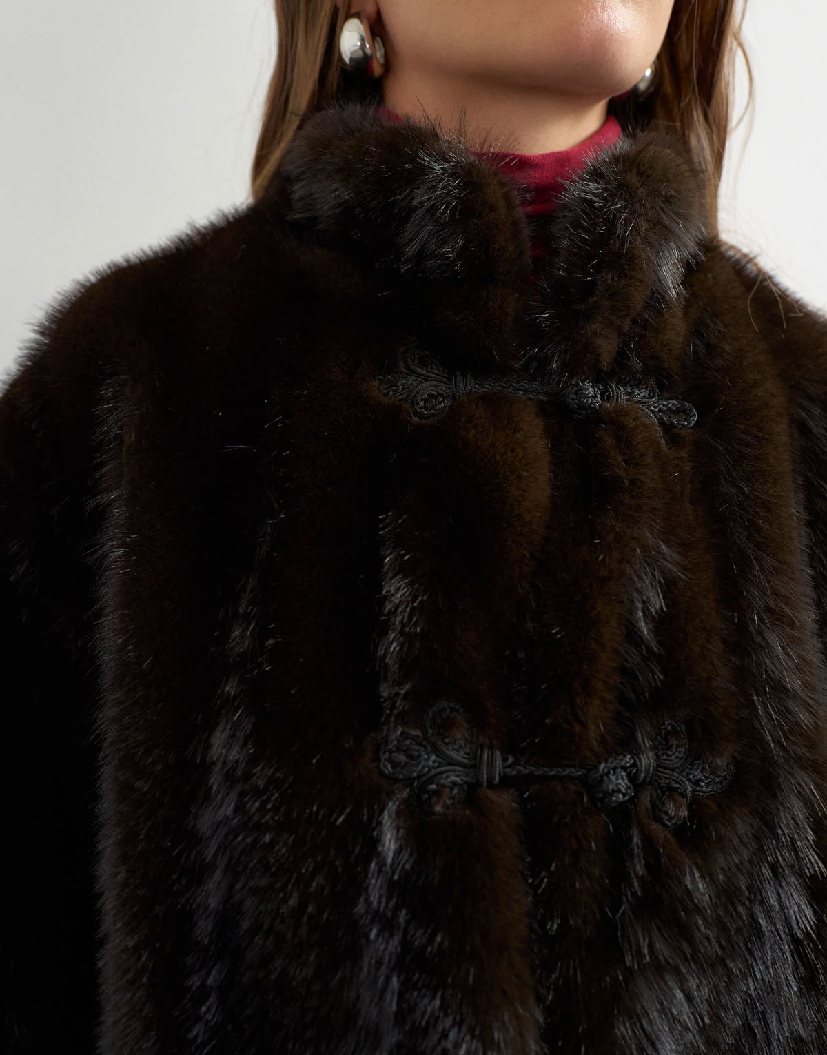 Topshop faux fur cropped jacket with knot fastening in dark brown