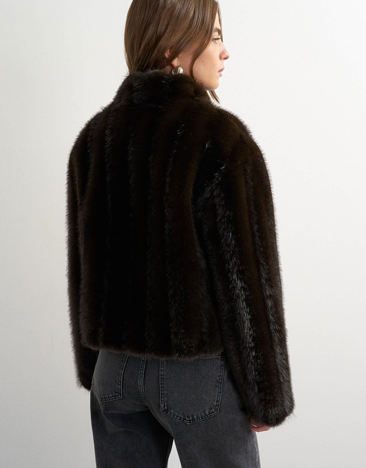 Topshop faux fur cropped jacket with knot fastening in dark brown