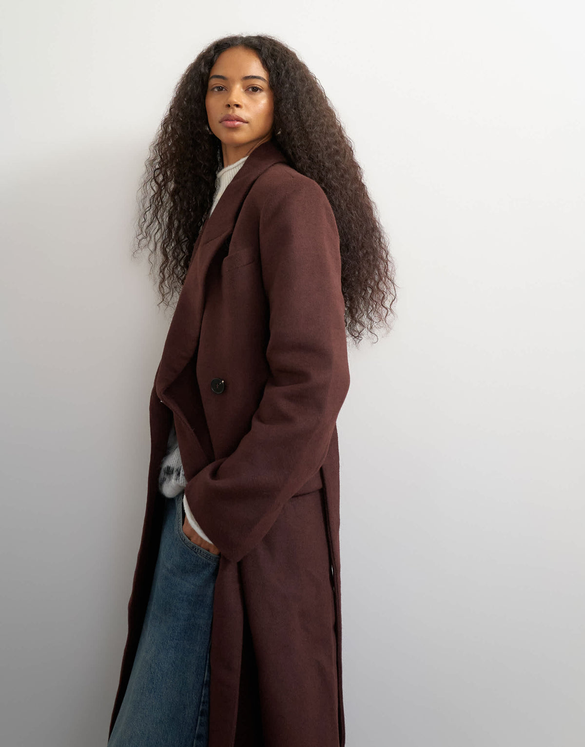 Topshop belted longline formal coat in wine