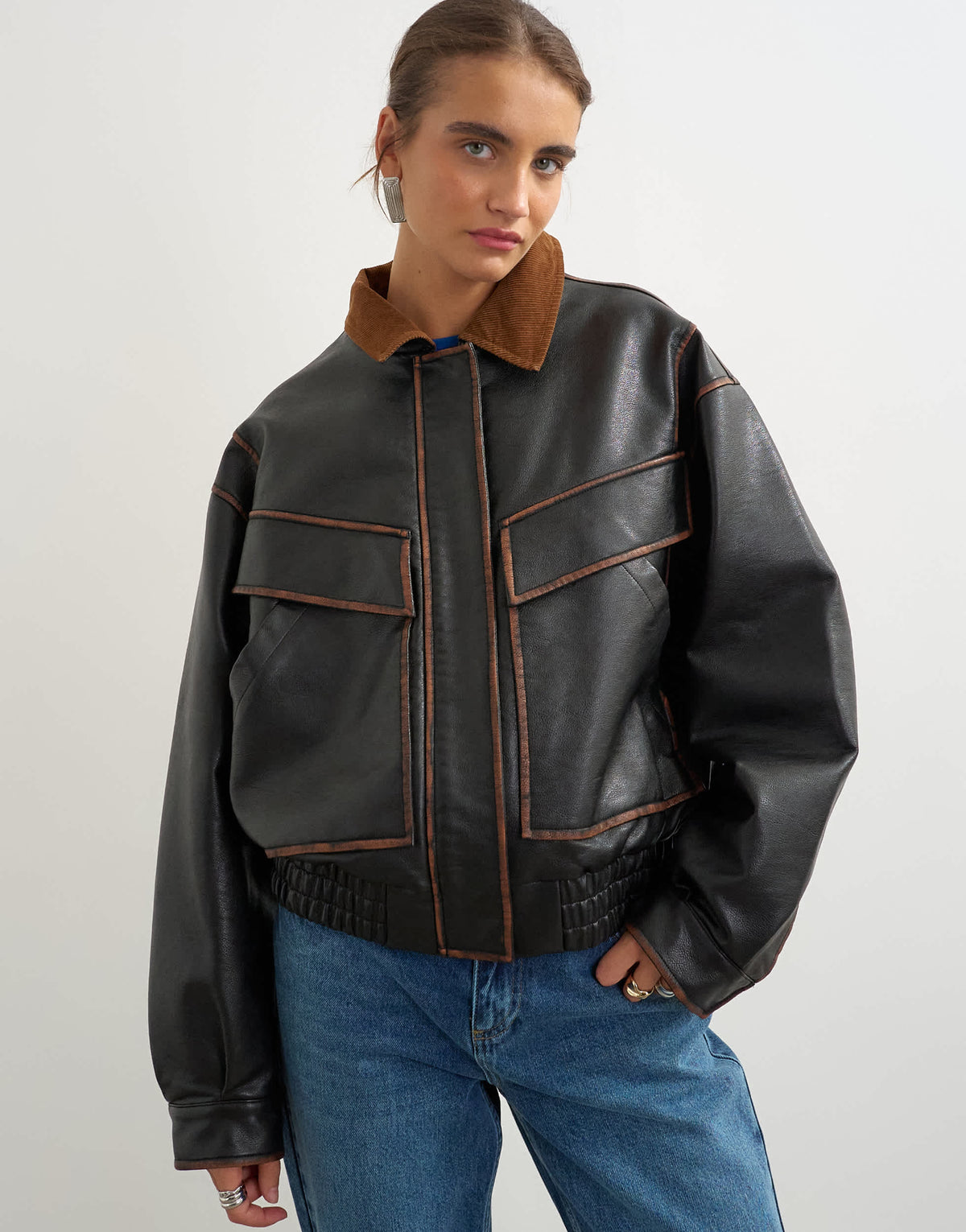 Topshop faux leather contrast rib collar bomber jacket in black