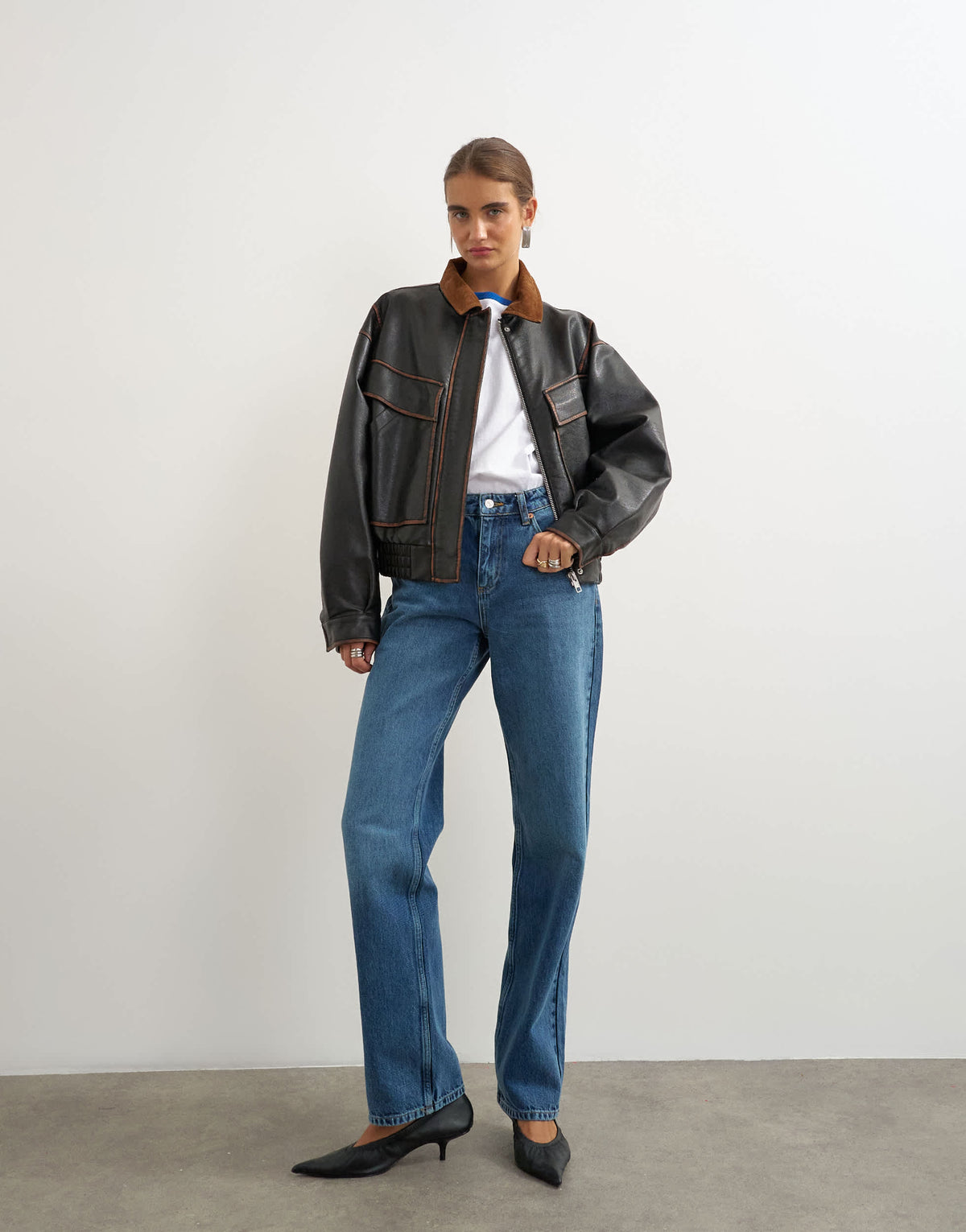 Topshop faux leather contrast rib collar bomber jacket in black
