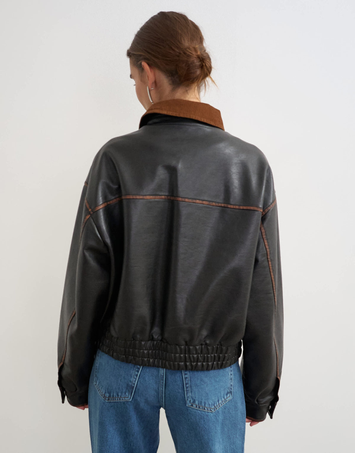 Topshop faux leather contrast rib collar bomber jacket in black