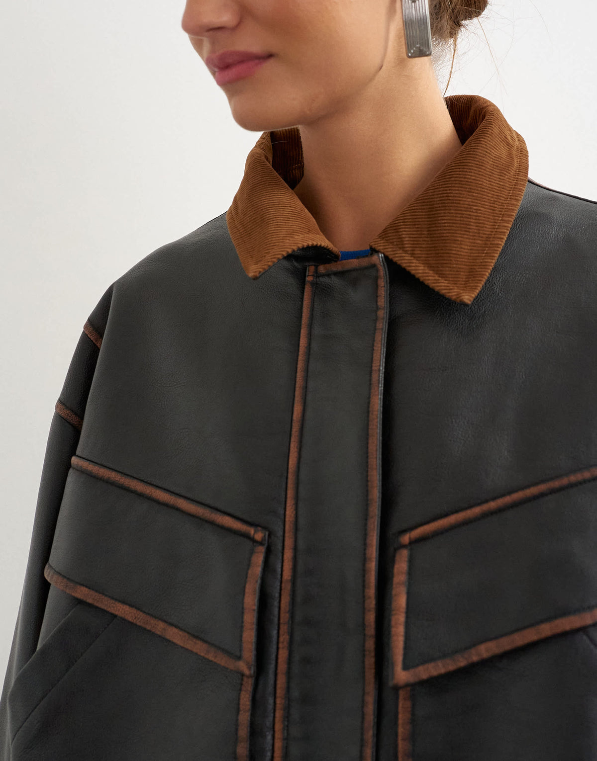 Topshop faux leather contrast rib collar bomber jacket in black