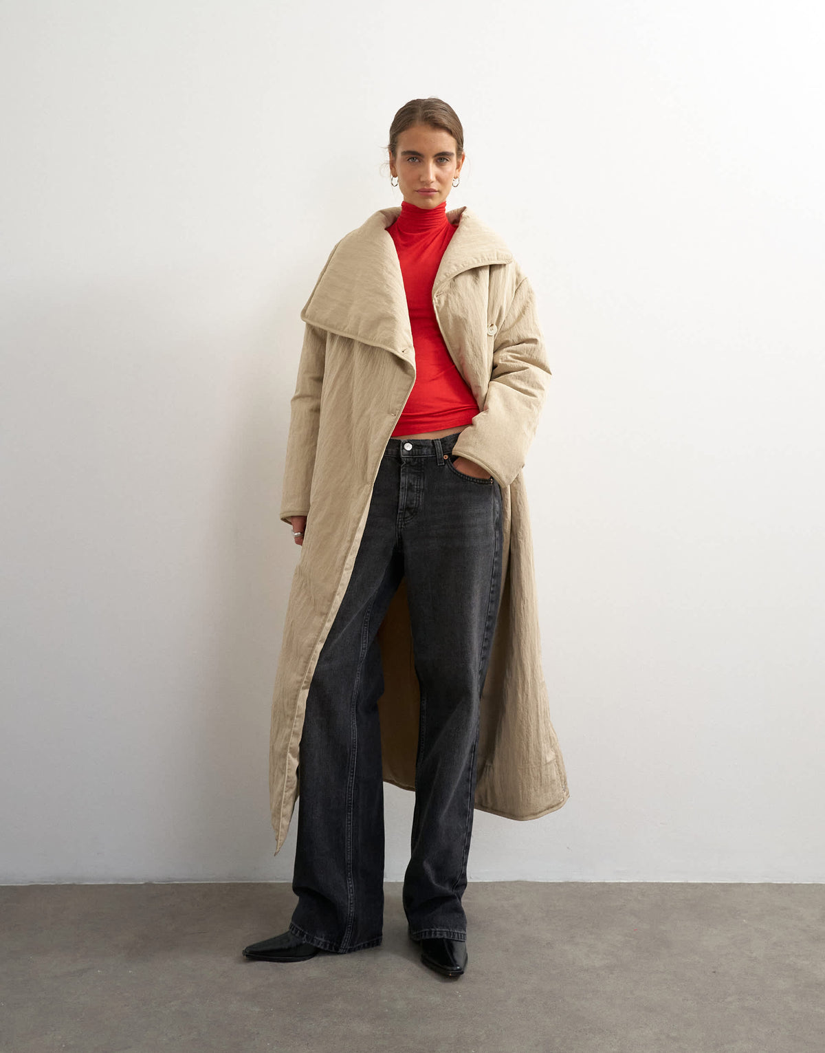 Topshop oversized funnel neck longline puffer in beige