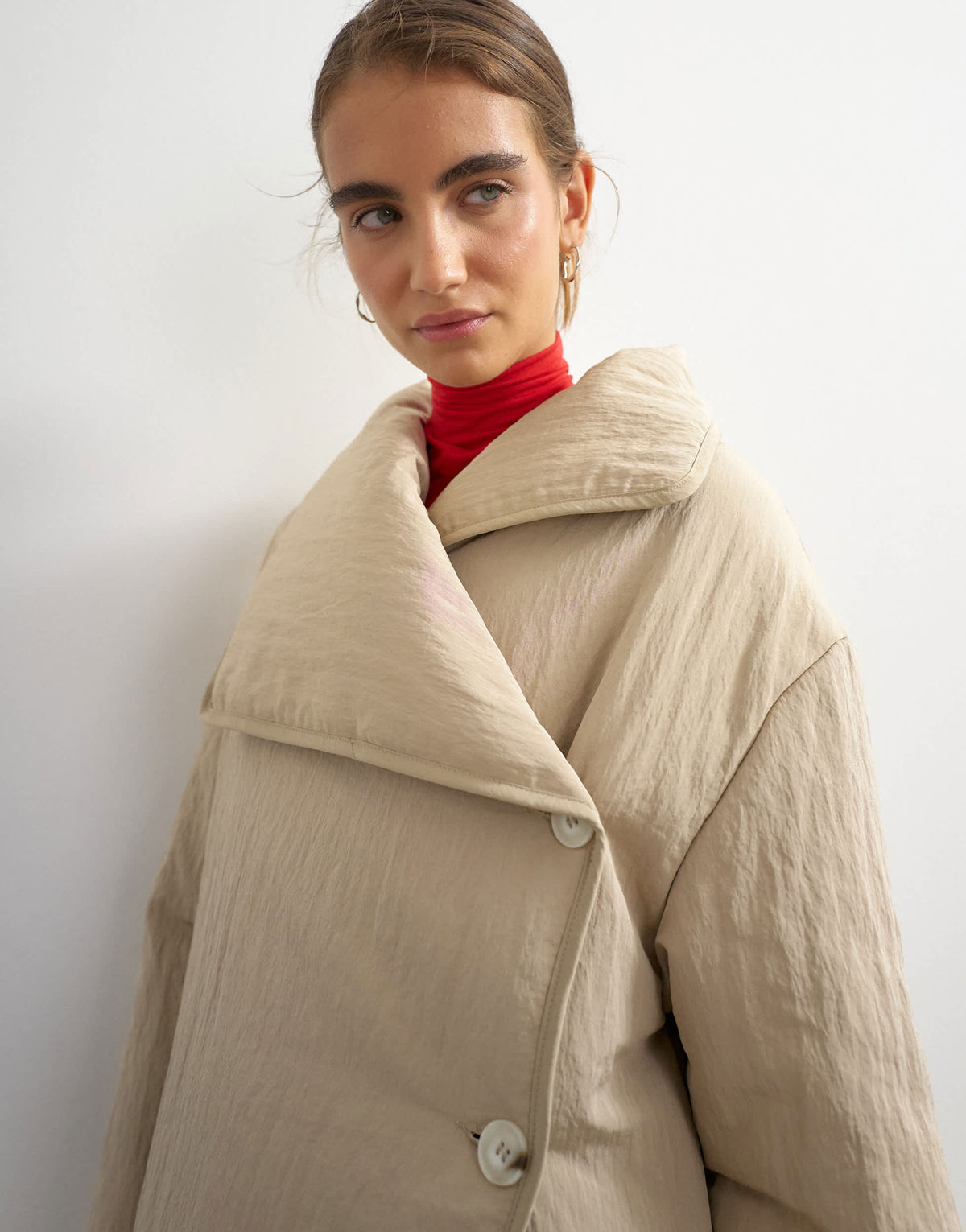Topshop oversized funnel neck longline puffer in beige