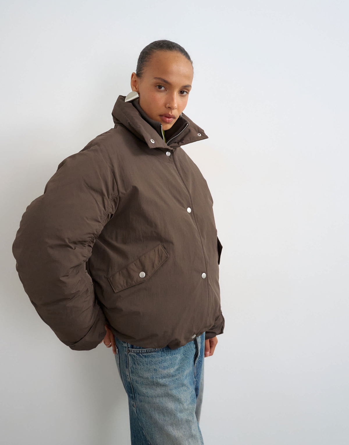 Topshop double collar detail puffer jacket in brown