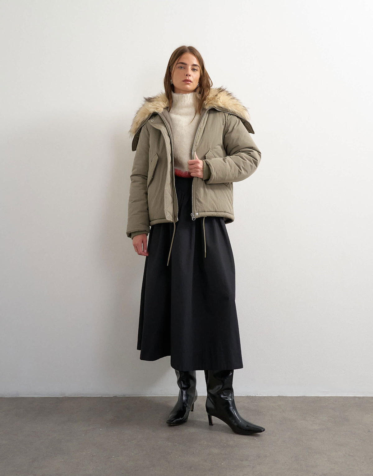 Topshop cropped parka with faux fur hood in khaki
