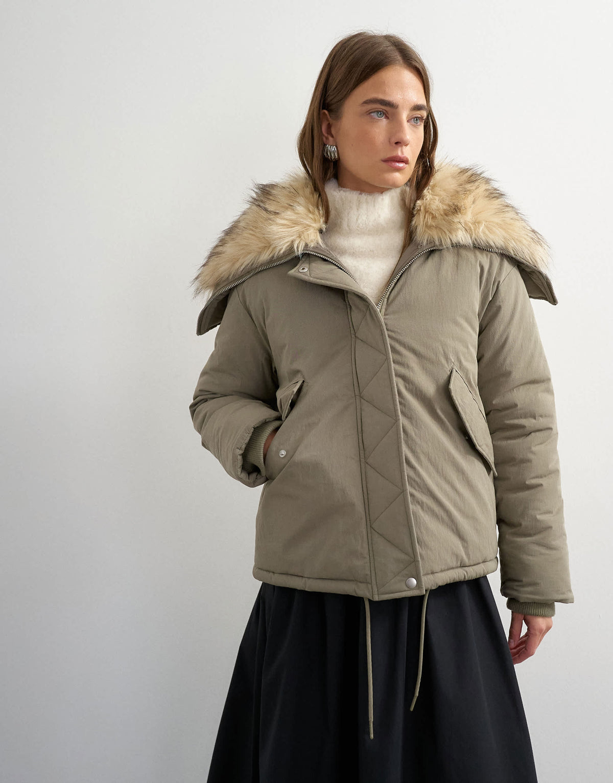 Topshop cropped parka with faux fur hood in khaki