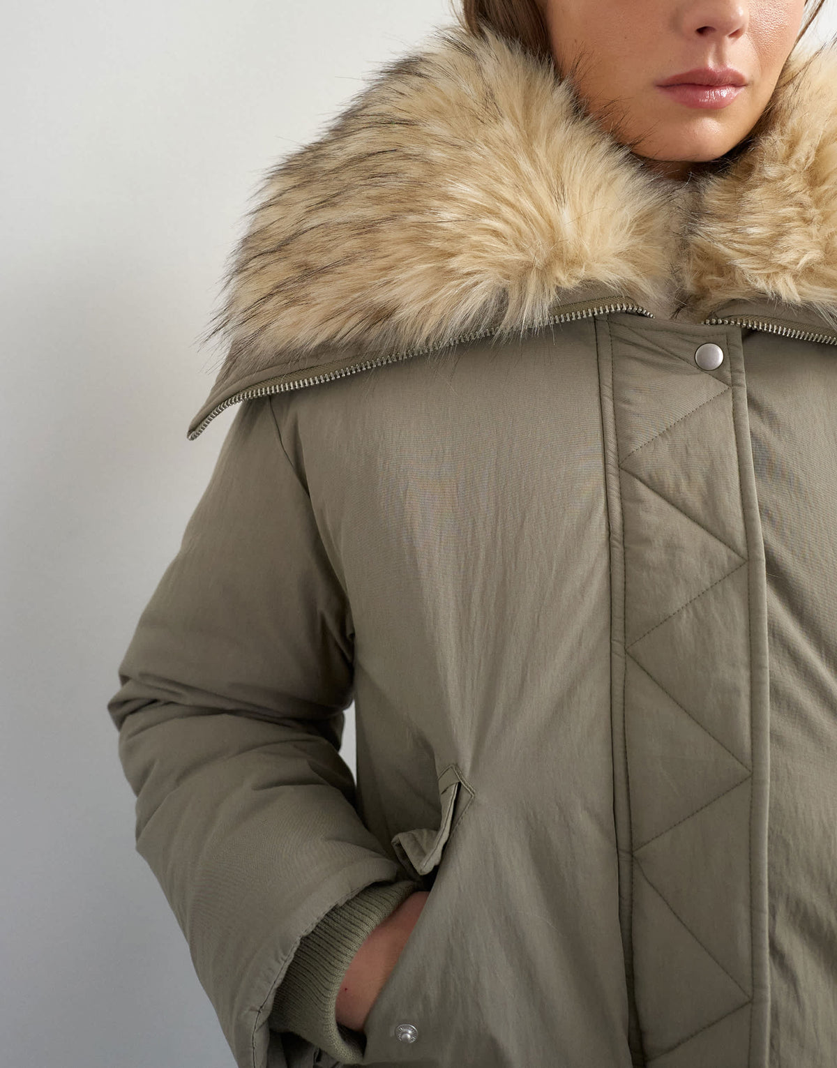 Topshop cropped parka with faux fur hood in khaki