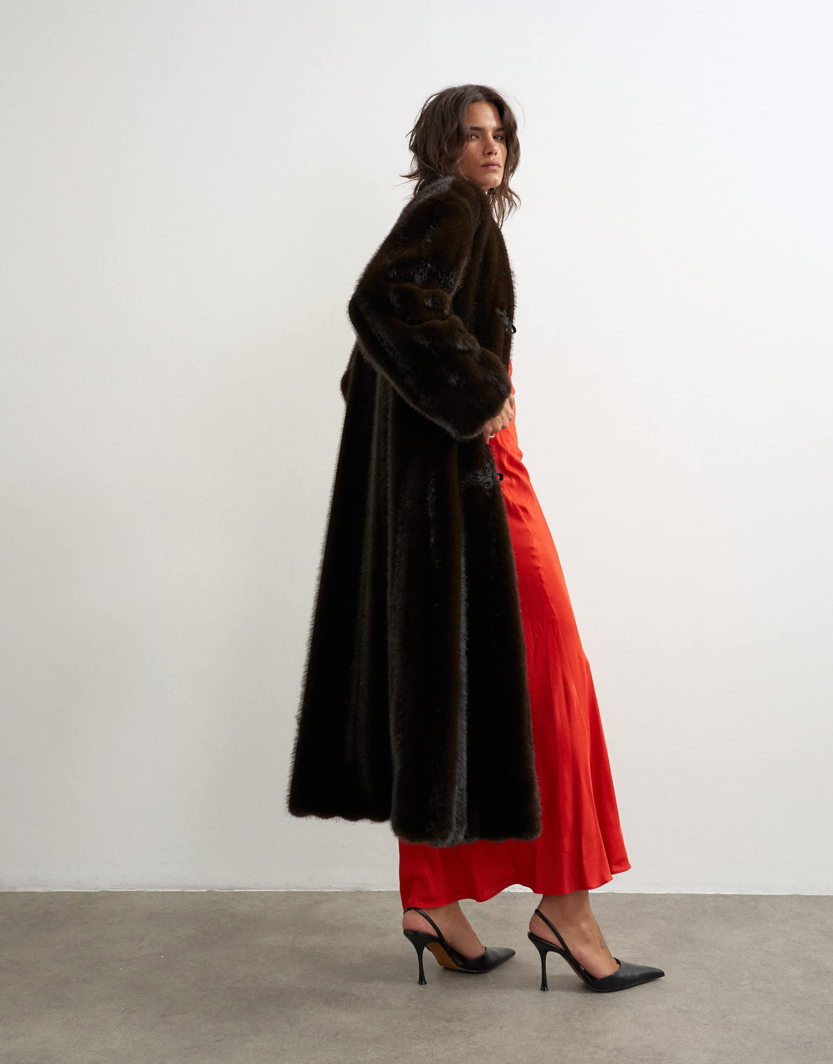 Topshop faux fur longline jacket with knot fastening in dark brown