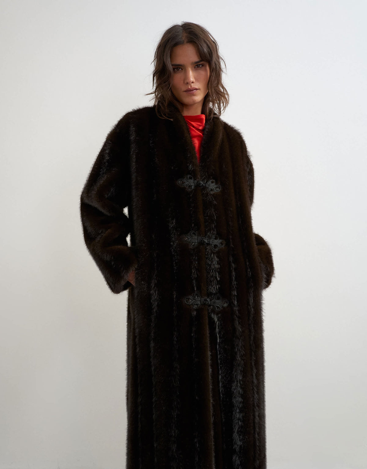 Topshop faux fur longline jacket with knot fastening in dark brown