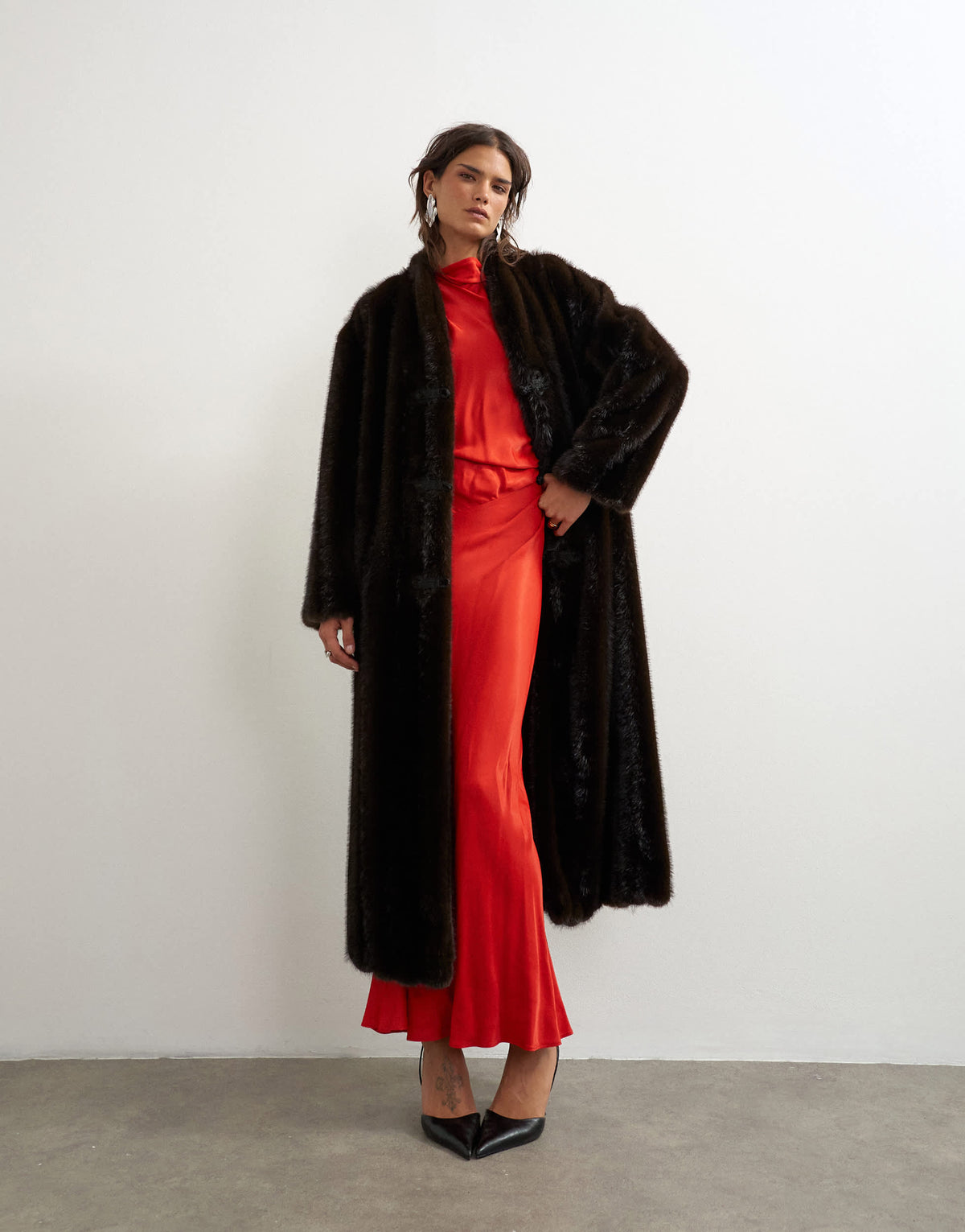 Topshop faux fur longline jacket with knot fastening in dark brown