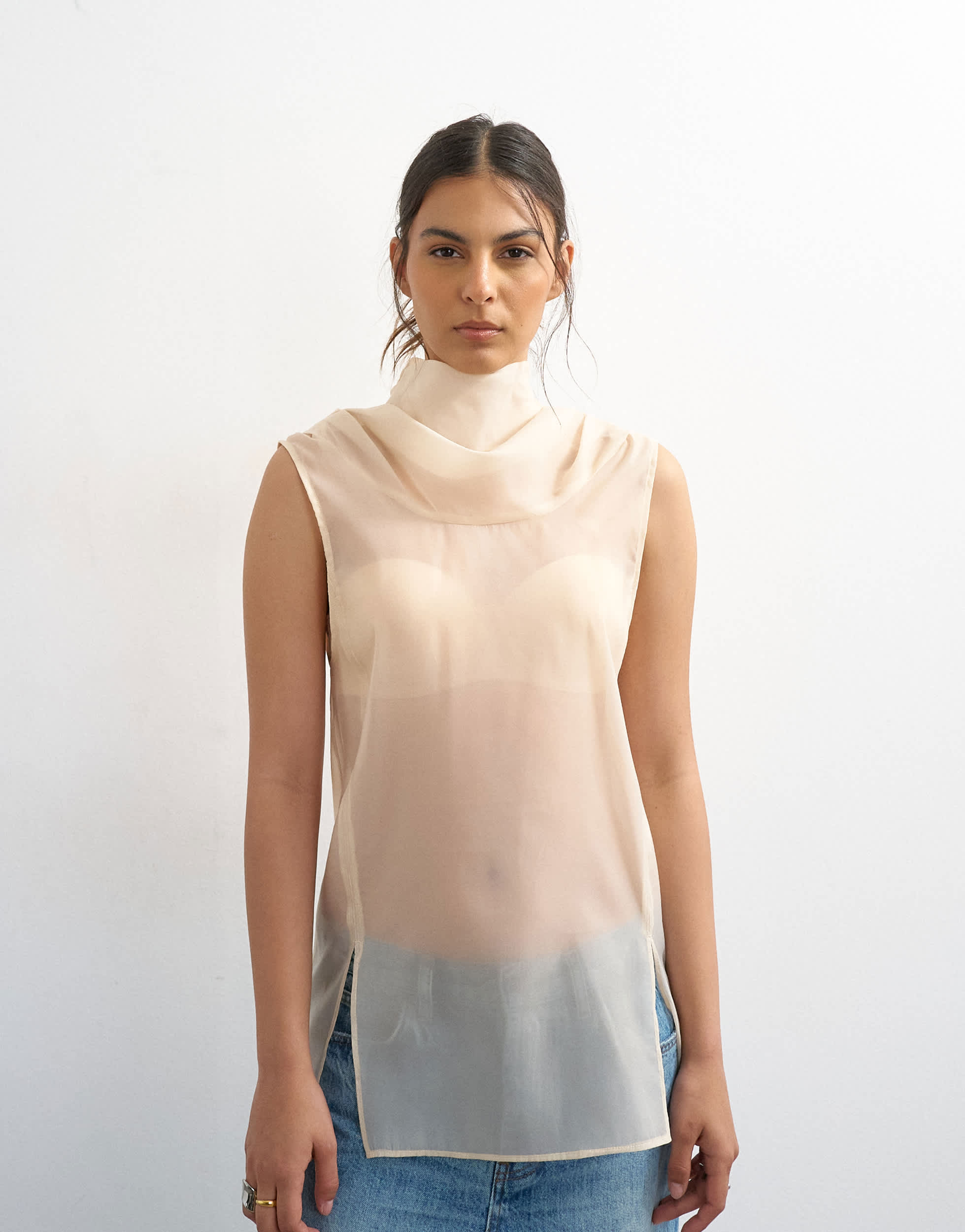 Topshop organza collapsed funnel neck top in oyster