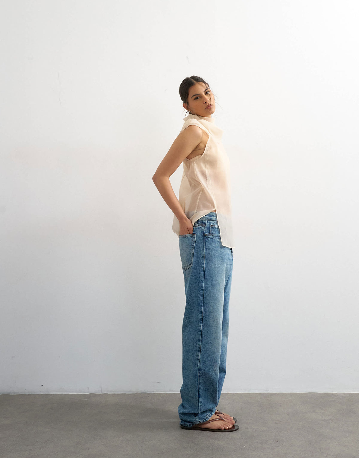 Topshop organza collapsed funnel neck top in oyster