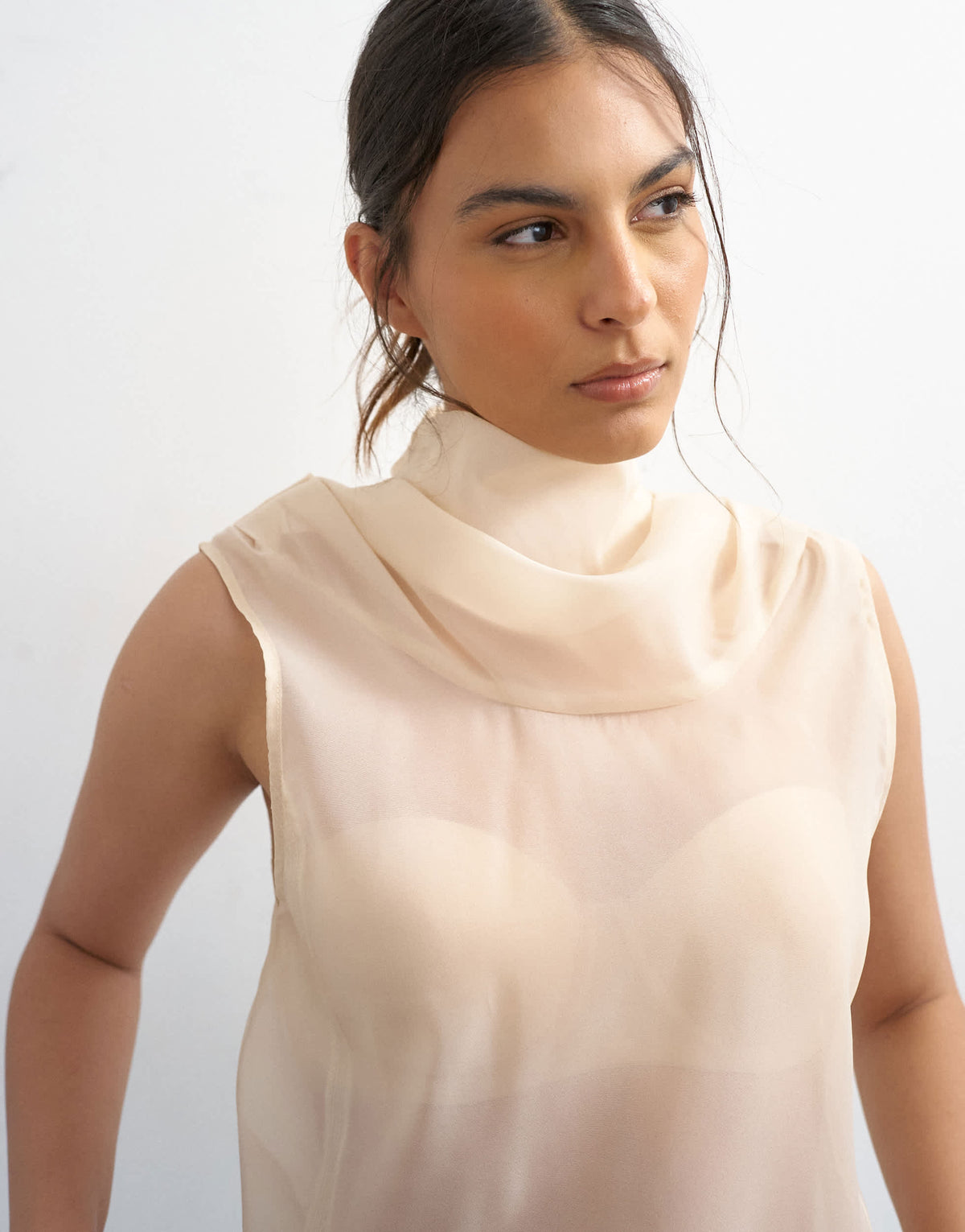 Topshop organza collapsed funnel neck top in oyster
