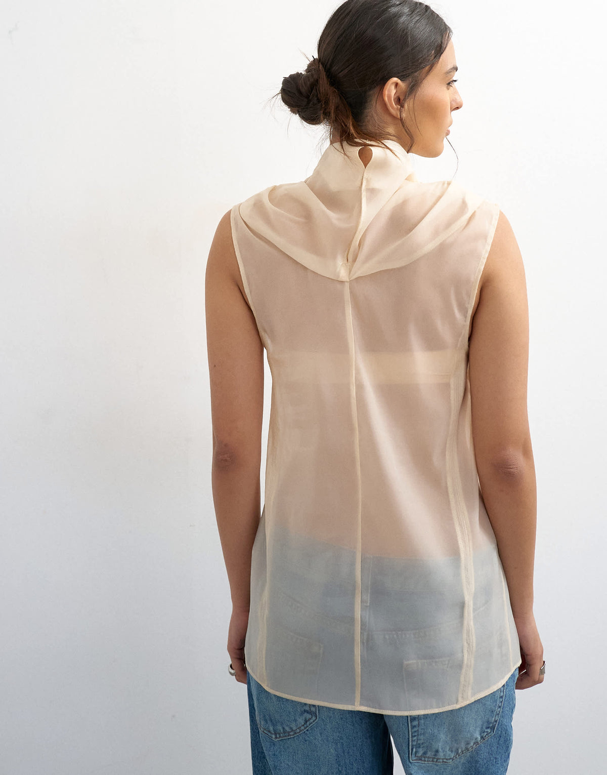 Topshop organza collapsed funnel neck top in oyster