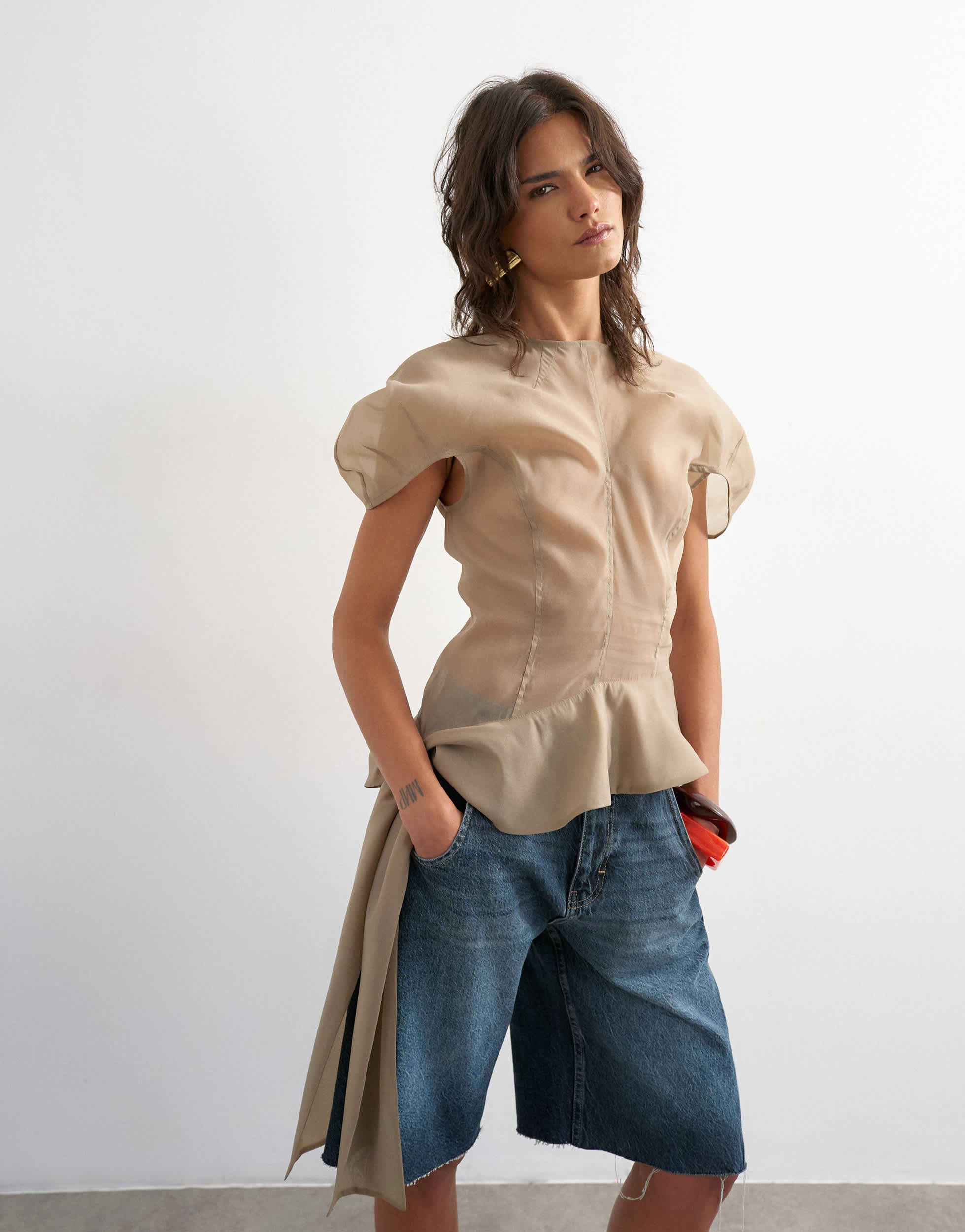 Topshop puff sleeve organza ruffle detail top in mink