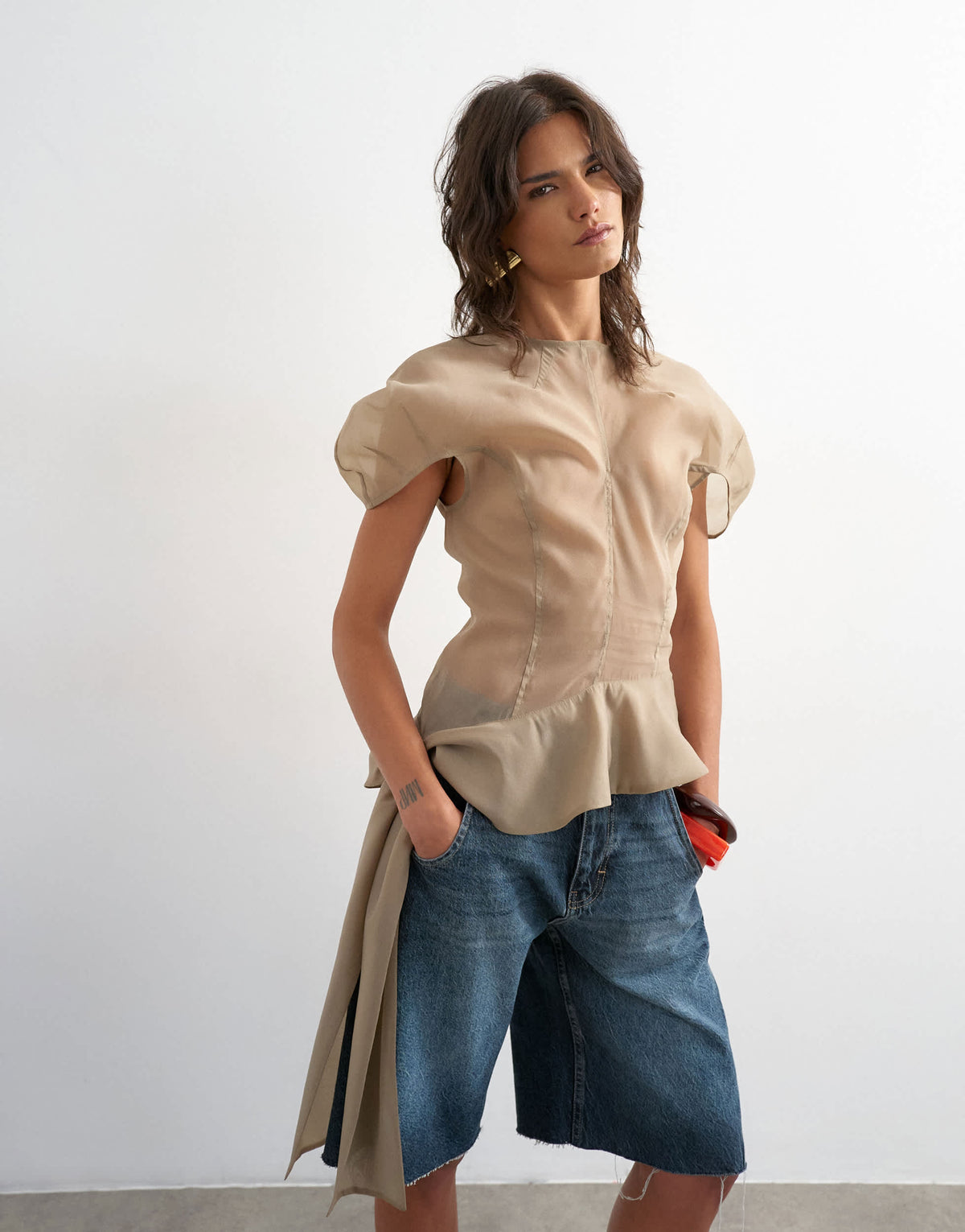 Topshop puff sleeve organza ruffle detail top in mink