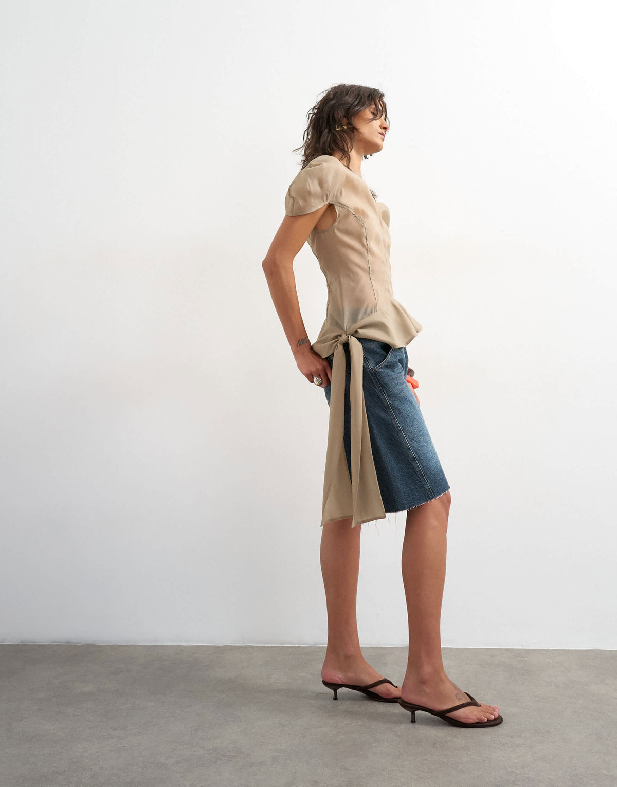 Topshop puff sleeve organza ruffle detail top in mink