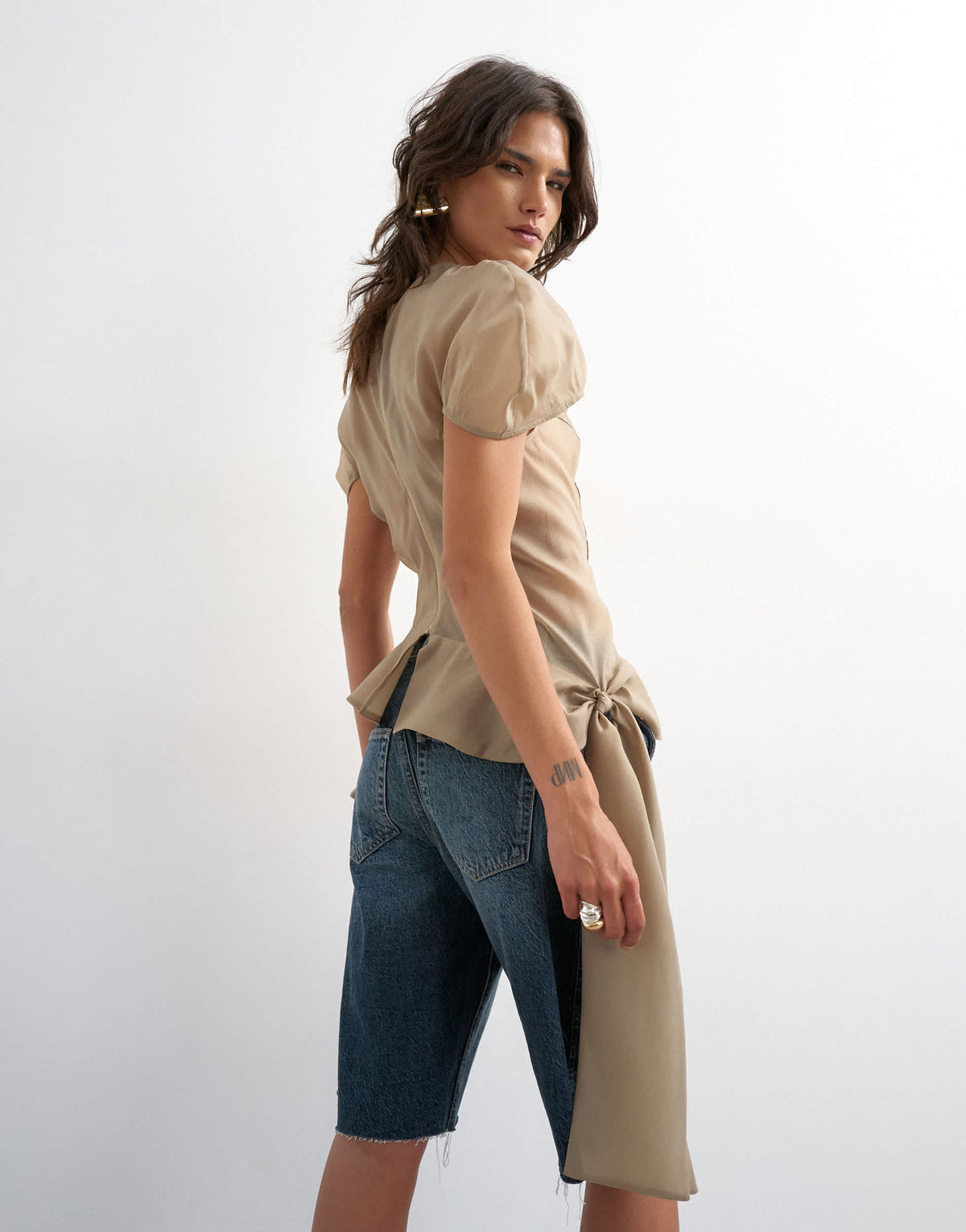 Topshop puff sleeve organza ruffle detail top in mink