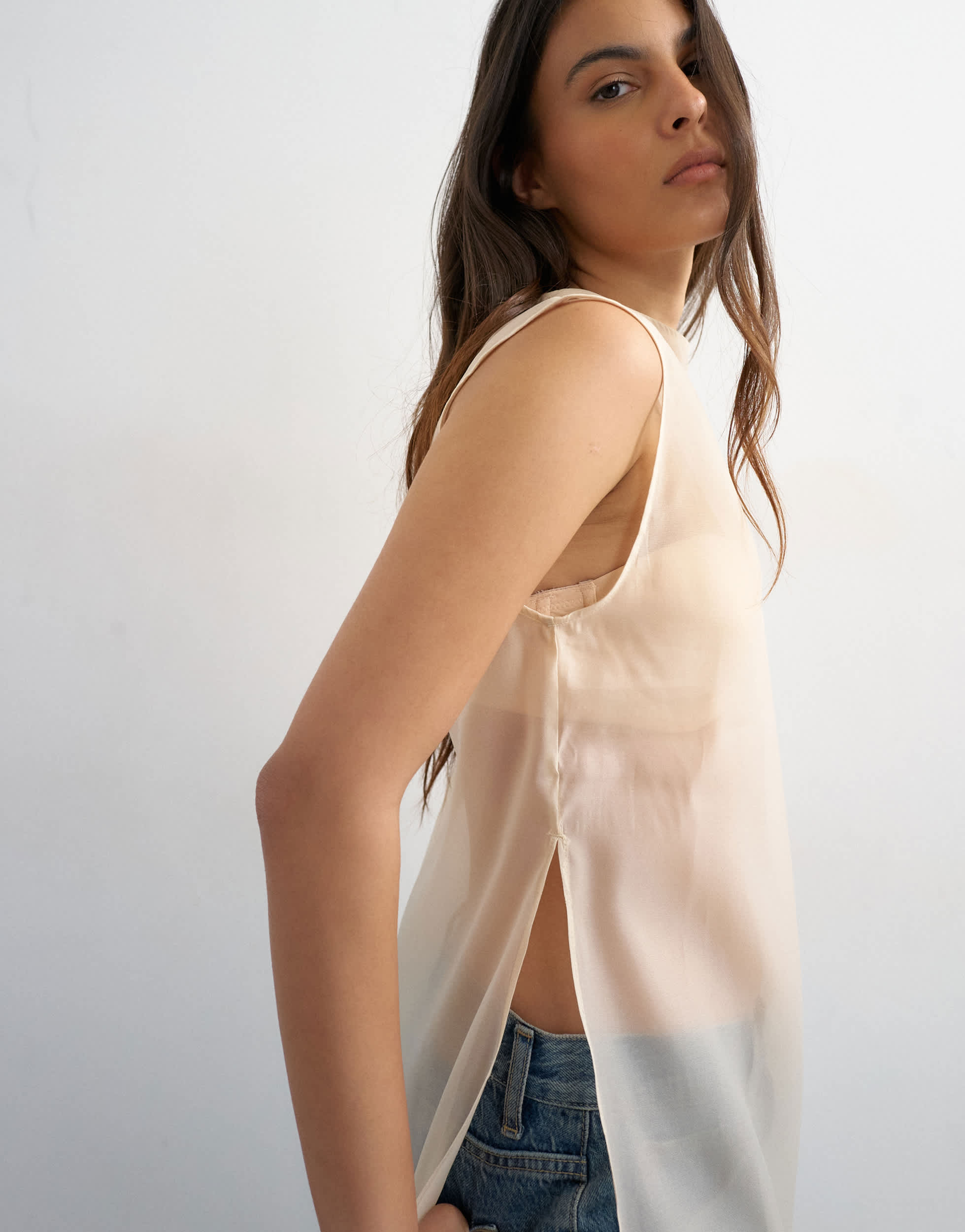 Topshop langes, transparentes Organza-Tunika-Oberteil in Oyster